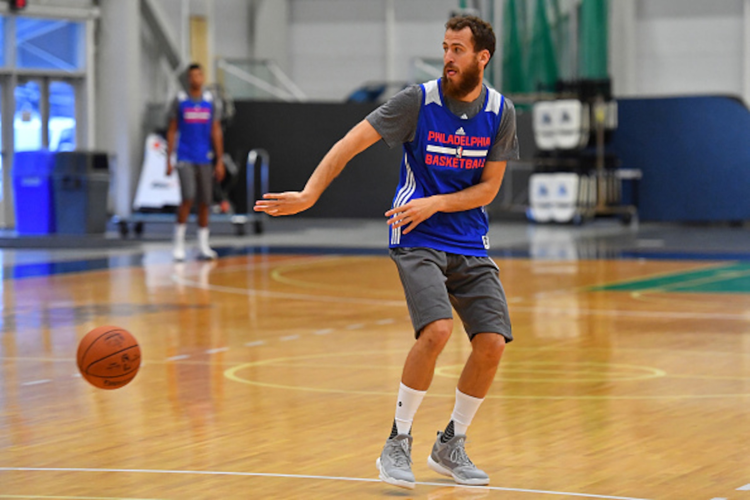 STOCKTON, NJ - SEPTEMBER 27:  Sergio Rodriguez #14 of the Philadelphia 76ers passes the ball during practice at Stockton University on September 27, 2016 in Camden, New Jersey. NOTE TO USER: User expressly acknowledges and agrees that, by downloading and/
