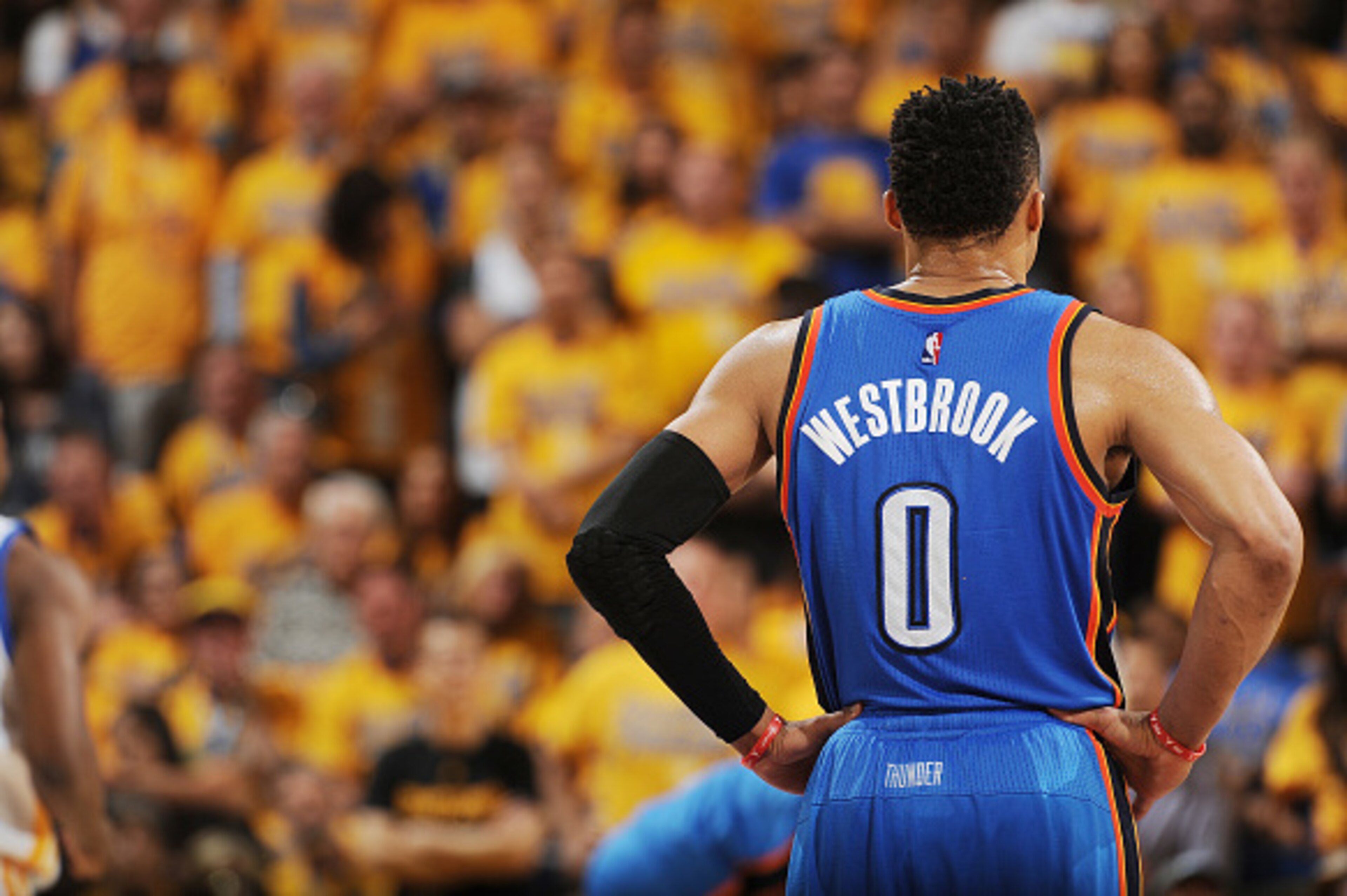 OAKLAND, CA - MAY 30:  Russell Westbrook #0 of the Oklahoma City Thunder stands on the court during the game against the Golden State Warriors in Game Seven of the Western Conference Finals during the 2016 NBA Playoffs on May 30, 2016 at ORACLE Arena in O