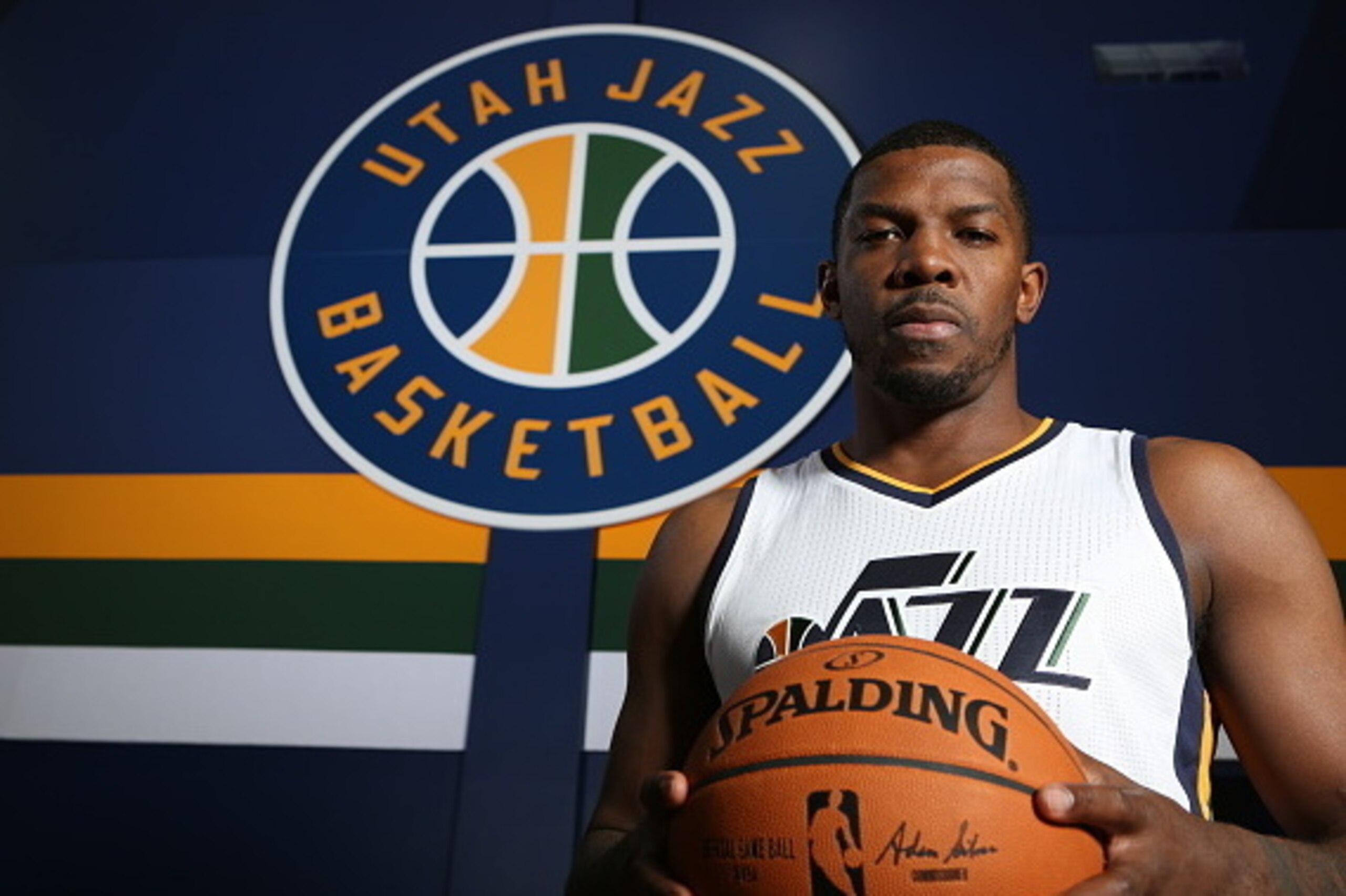 SALT LAKE CITY, UT - SEPTEMBER 26:  Joe Johnson #6 of the Utah Jazz poses for a photo during the 2016-2017 Utah Jazz media day at Zions Bank Basketball Center  on September 26, 2016 in Salt Lake City, Utah. NOTE TO USER: User expressly acknowledges and ag