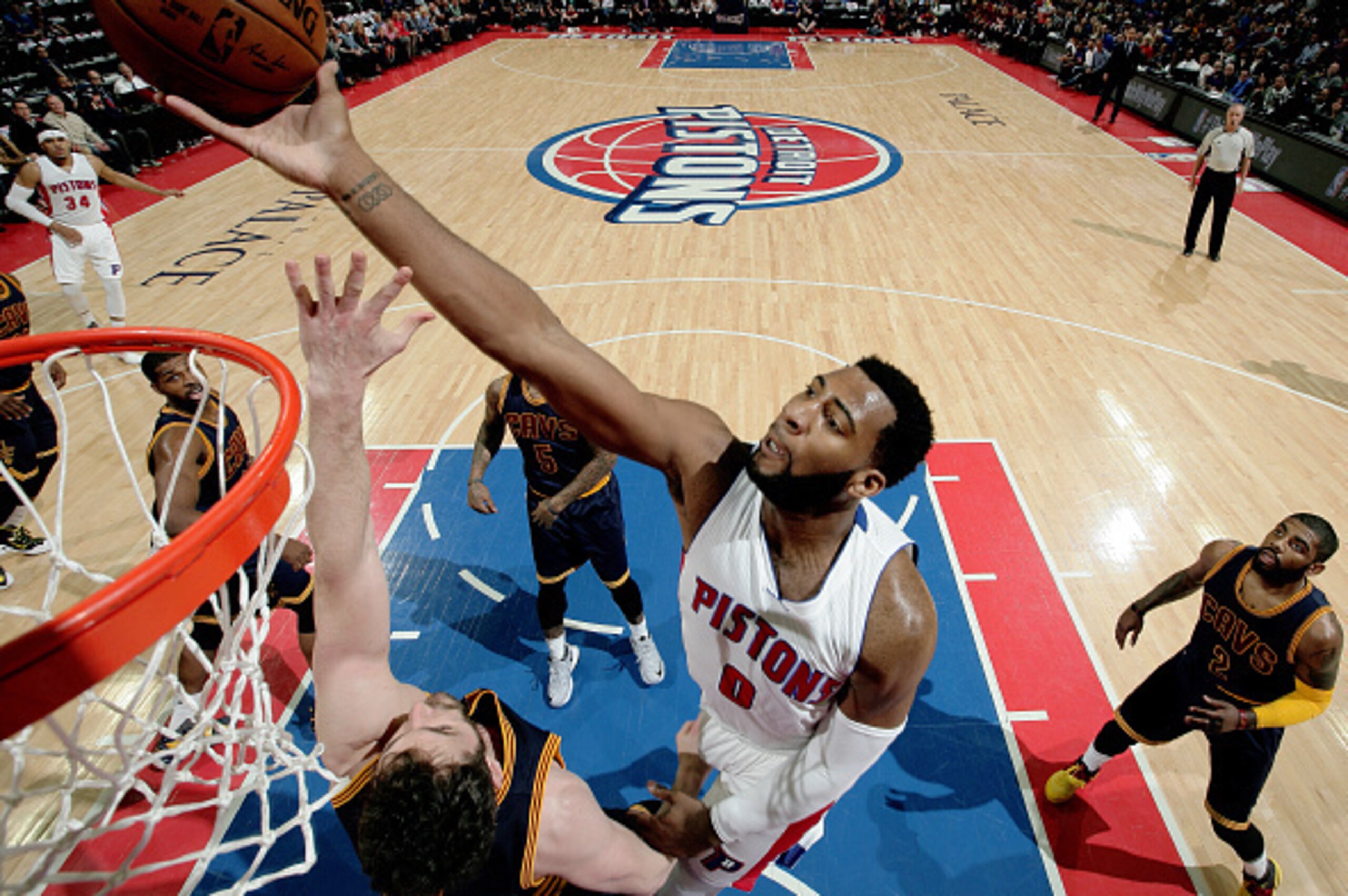 AUBURN HILLS, MI  - APRIL 22: Andre Drummond #0 of the Detroit Pistons goes for the layup against the Cleveland Cavaliers during Game Three of the Eastern Conference Quarterfinals during the 2016 NBA Playoffs on April 22, 2016 at The Palace of Auburn Hill