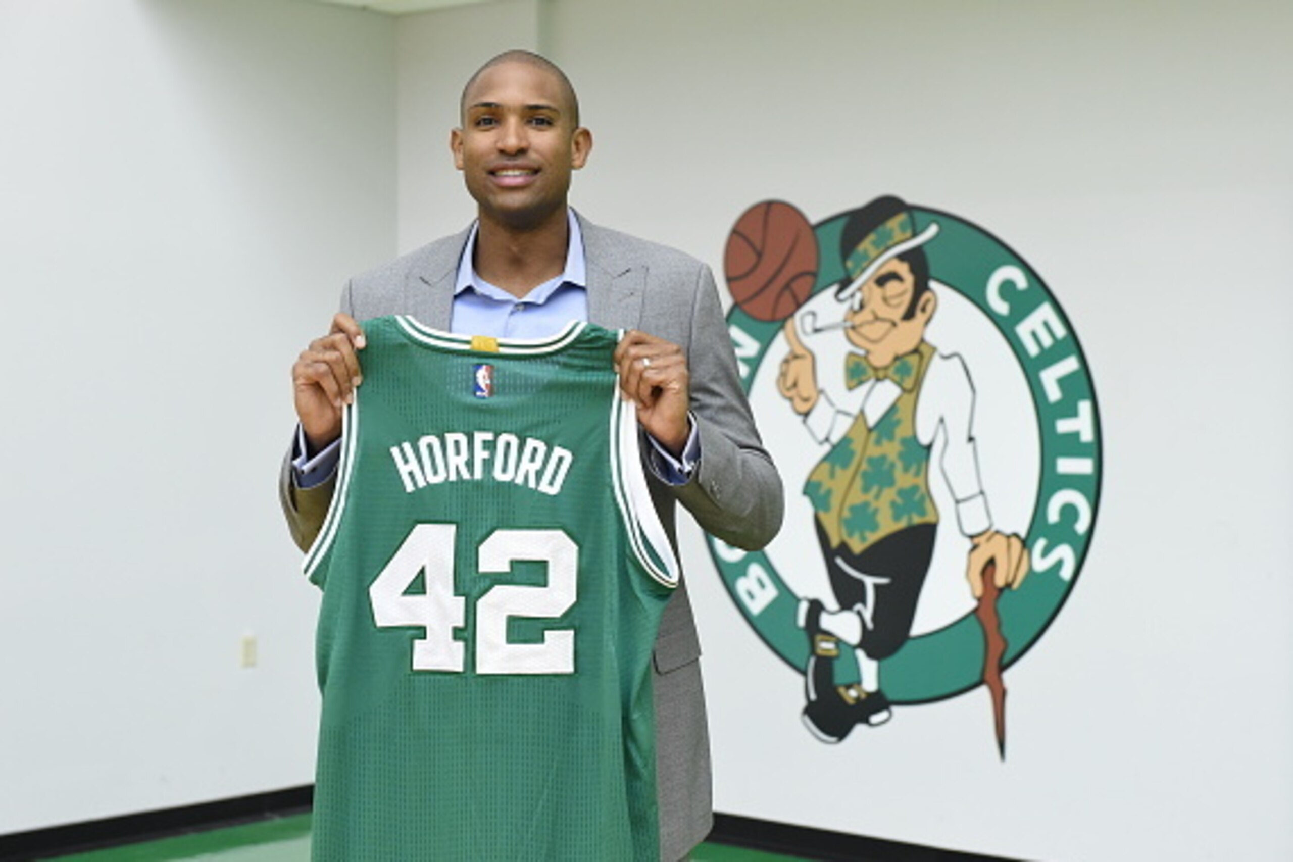 BOSTON, MA - JULY 8:  Al Horford is introduced as the newest member of the Boston Celtics on July 8, 2016 at the Boston Celtics Practice Facility in Waltham, Massachusetts. NOTE TO USER: User expressly acknowledges and agrees that, by downloading and or u