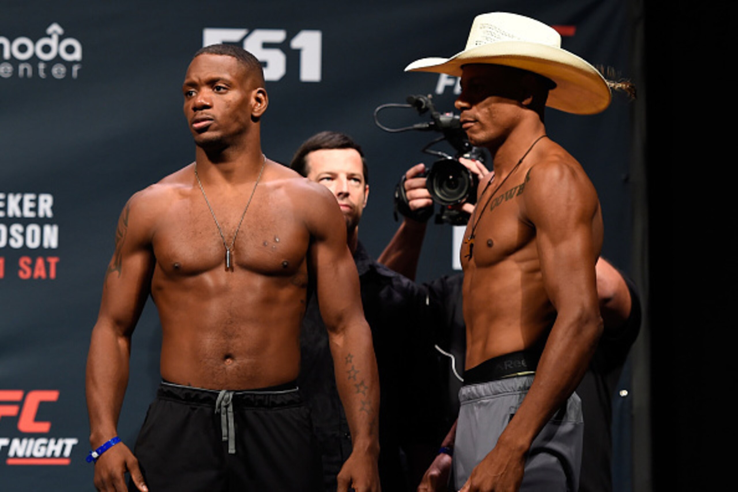 PORTLAND, OR - SEPTEMBER 30:  (L-R) Will Brooks and Alex Oliveira of Brazil face-off during the UFC Fight Night weigh-in at the Oregon Convention Center on September 30, 2016 in Portland, Oregon. (Photo by Josh Hedges/Zuffa LLC/Zuffa LLC via Getty Images)