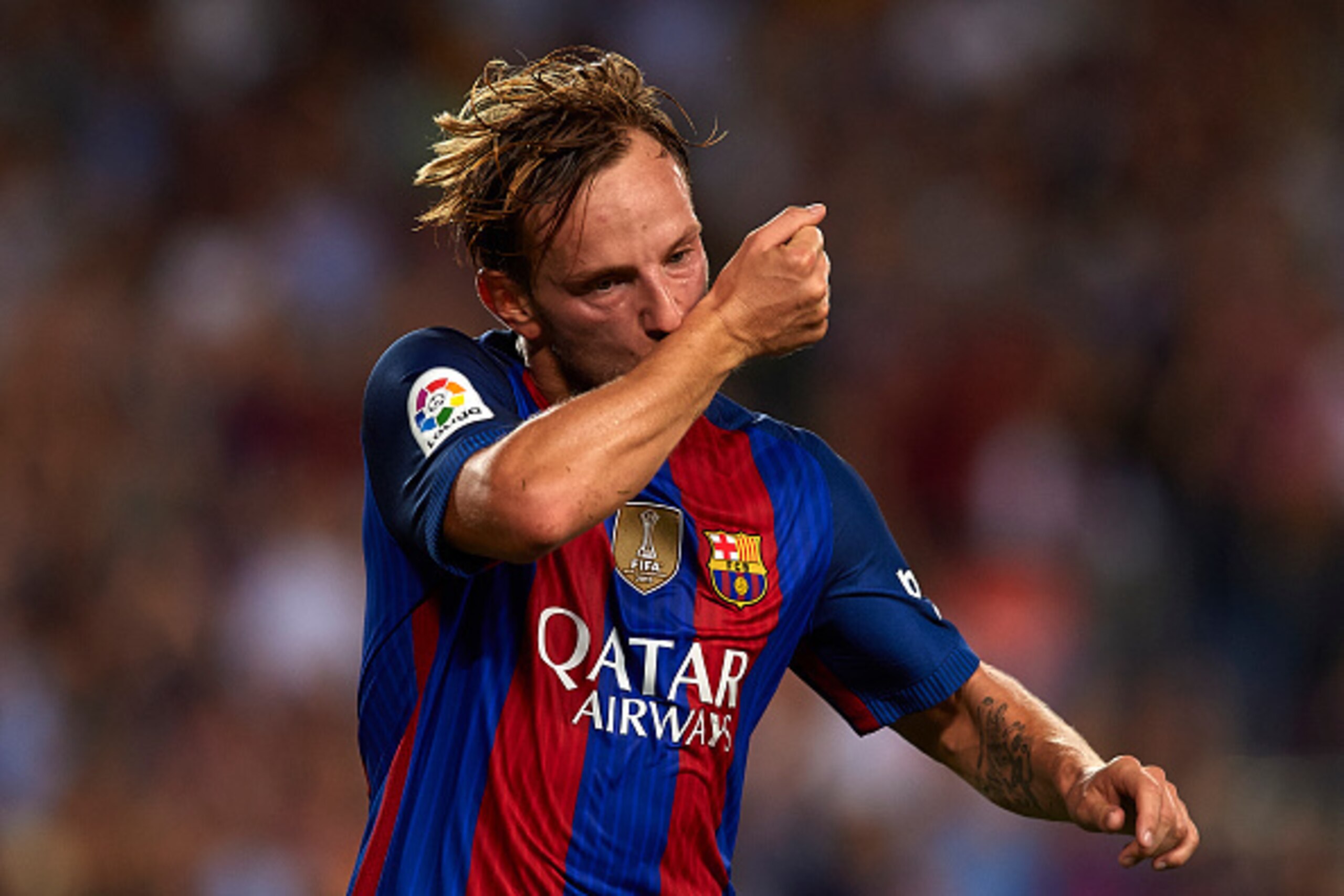 BARCELONA, SPAIN - SEPTEMBER 21:  Ivan Rakitic of FC Barcelona celebrates scoring his team's first goal during the La Liga match between FC Barcelona and Atletico de Madrid at Camp Nou stadium on September 21, 2016 in Barcelona, Spain.  (Photo by Manuel Q