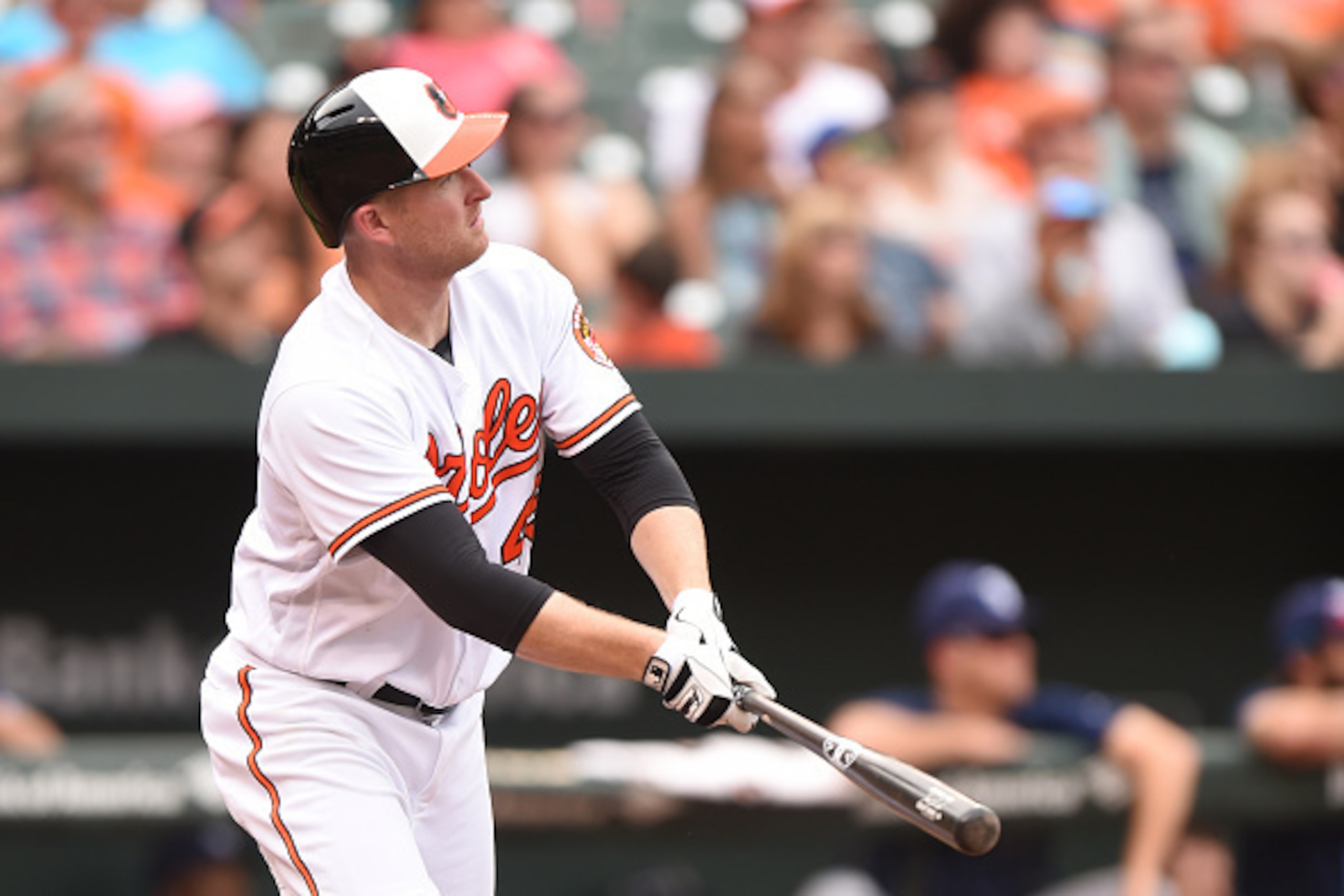 BALTIMORE, MD - SEPTEMBER 18: Mark Trumbo #45 of the Baltimore Orioles hits a solo home run in the eighth inning during a baseball game against the against the Tampa Bay Rays at Oriole Park at Camden Yards on September 18, 2016 in Baltimore, Maryland. T BALTIMORE, MD - SEPTEMBER 18: Mark Trumbo #45 of the Baltimore Orioles hits a solo home run in the eighth inning during a baseball game against the against the Tampa Bay Rays at Oriole Park at Camden Yards on September 18, 2016 in Baltimore, Maryland. T