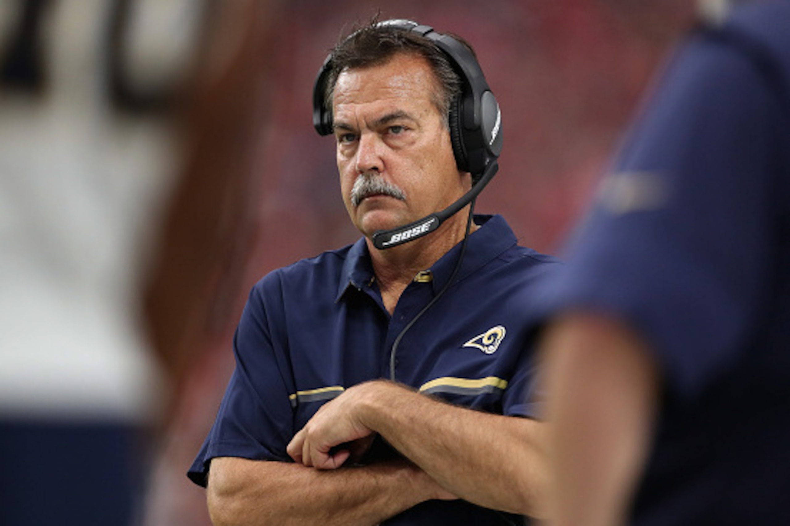 GLENDALE, AZ - OCTOBER 02:  Head coach Jeff Fisher of the Los Angeles Rams walks the sidelines during the second quarter of the NFL game against the Arizona Cardinals at the University of Phoenix Stadium on October 2, 2016 in Glendale, Arizona.  (Photo by