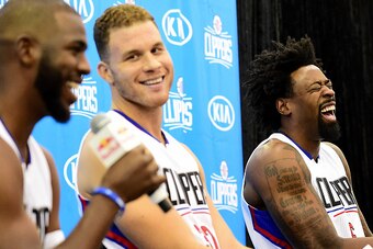 PLAYA VISTA, CA - SEPTEMBER 26:  Chris Paul #3 of the Los Angeles Clippers, Blake Griffin #32 and DeAndre Jordan #6 share a laugh during media day at the Los Angeles Clippers Training Center on September 26, 2016 in Playa Vista, California.  NOTE TO USER: