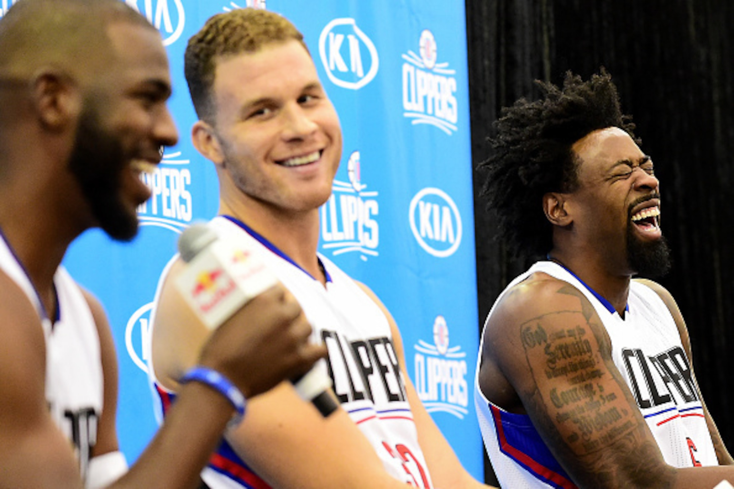 PLAYA VISTA, CA - SEPTEMBER 26:  Chris Paul #3 of the Los Angeles Clippers, Blake Griffin #32 and DeAndre Jordan #6 share a laugh during media day at the Los Angeles Clippers Training Center on September 26, 2016 in Playa Vista, California.  NOTE TO USER: