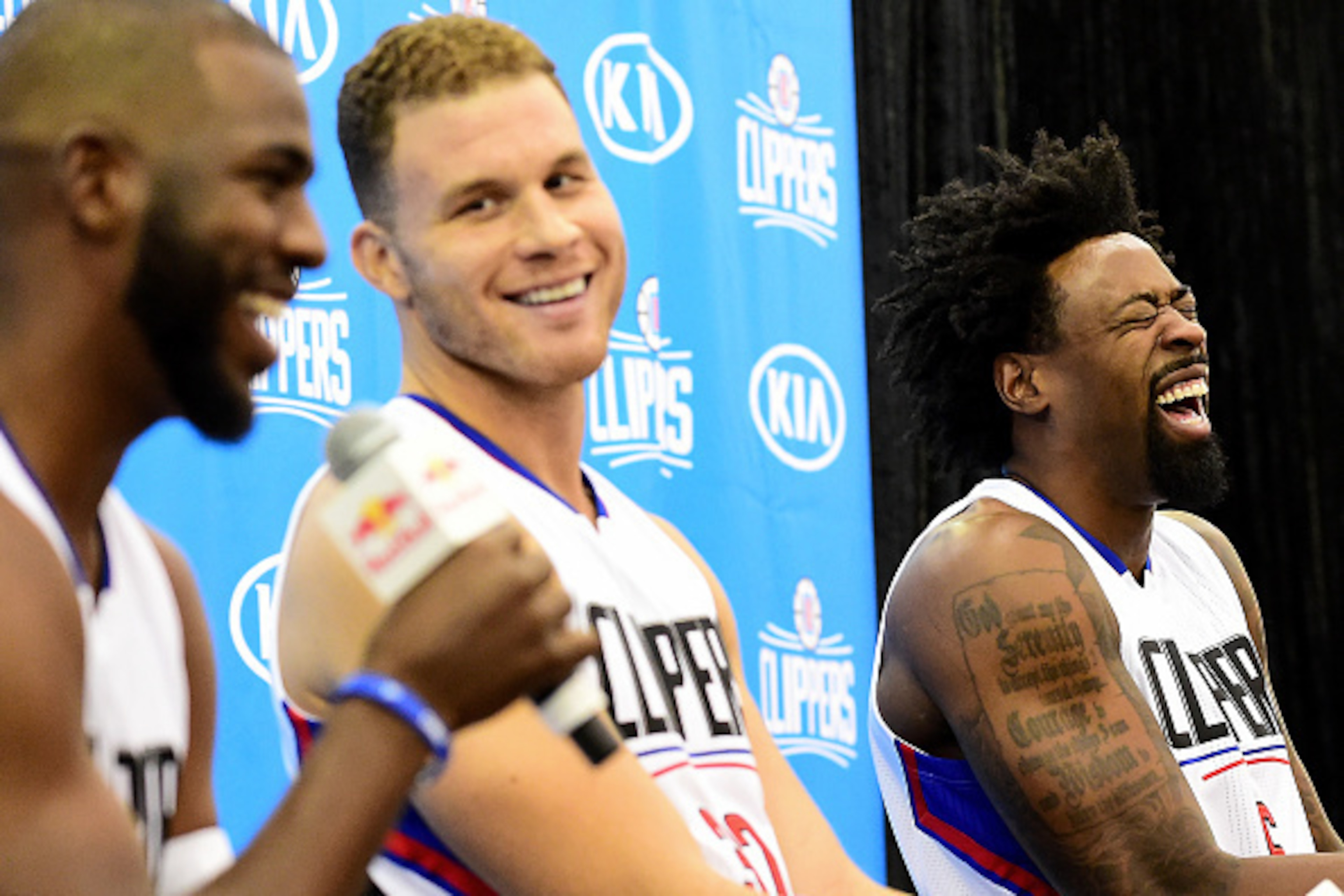 PLAYA VISTA, CA - SEPTEMBER 26:  Chris Paul #3 of the Los Angeles Clippers, Blake Griffin #32 and DeAndre Jordan #6 share a laugh during media day at the Los Angeles Clippers Training Center on September 26, 2016 in Playa Vista, California.  NOTE TO USER: