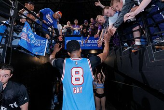 SACRAMENTO, CA - APRIL 9: Rudy Gay #8 of the Sacramento Kings exits off the court after defeating the Oklahoma City Thunder on April 9, 2016 at Sleep Train Arena in Sacramento, California. NOTE TO USER: User expressly acknowledges and agrees that, by down