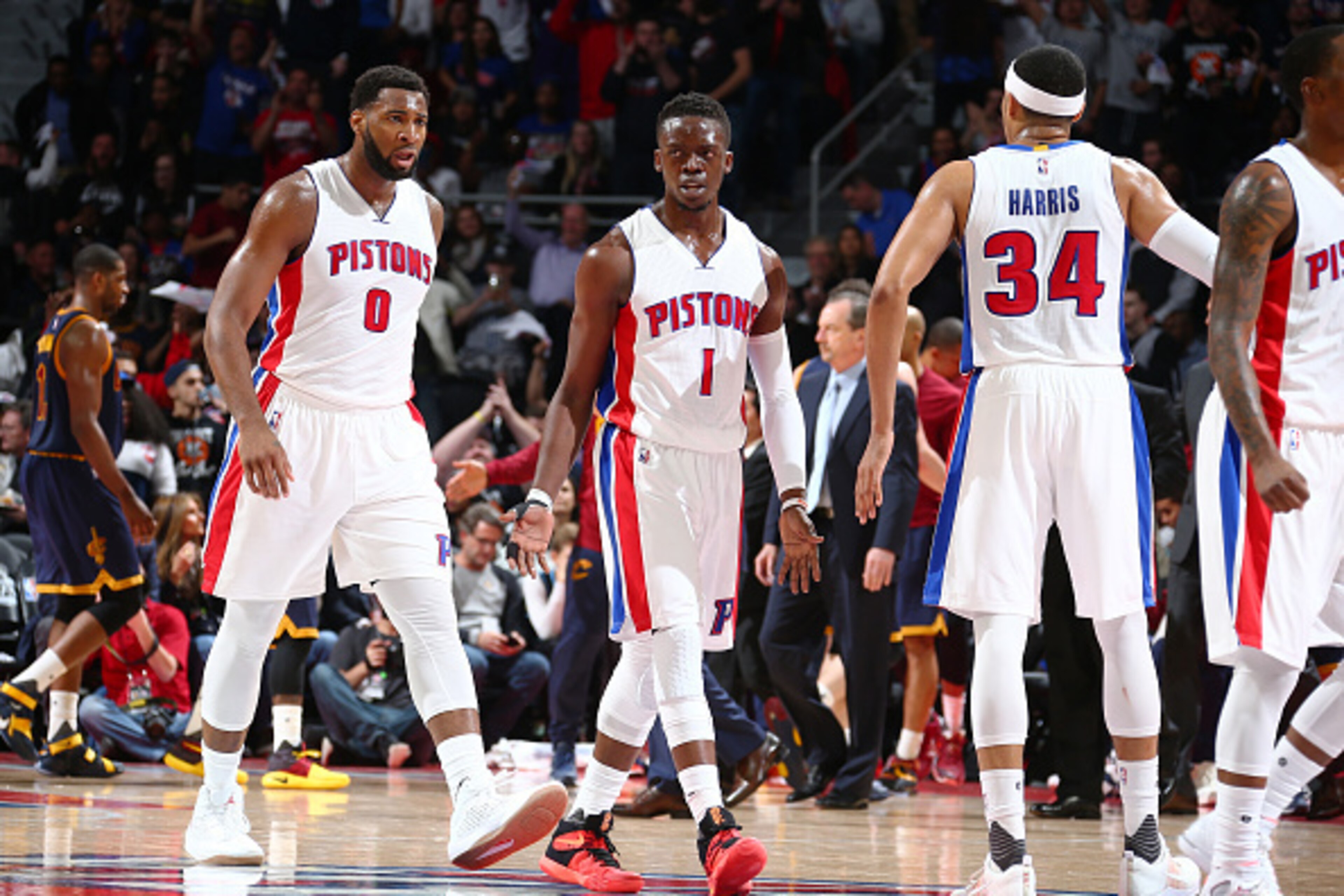 AUBURN HILLS, MI  - APRIL 22: Andre Drummond #0 and Reggie Jackson #1 of the Detroit Pistons during Game Three of the Eastern Conference Quarterfinals during the 2016 NBA Playoffs against the Cleveland Cavaliers on April 22, 2016 at The Palace of Auburn H