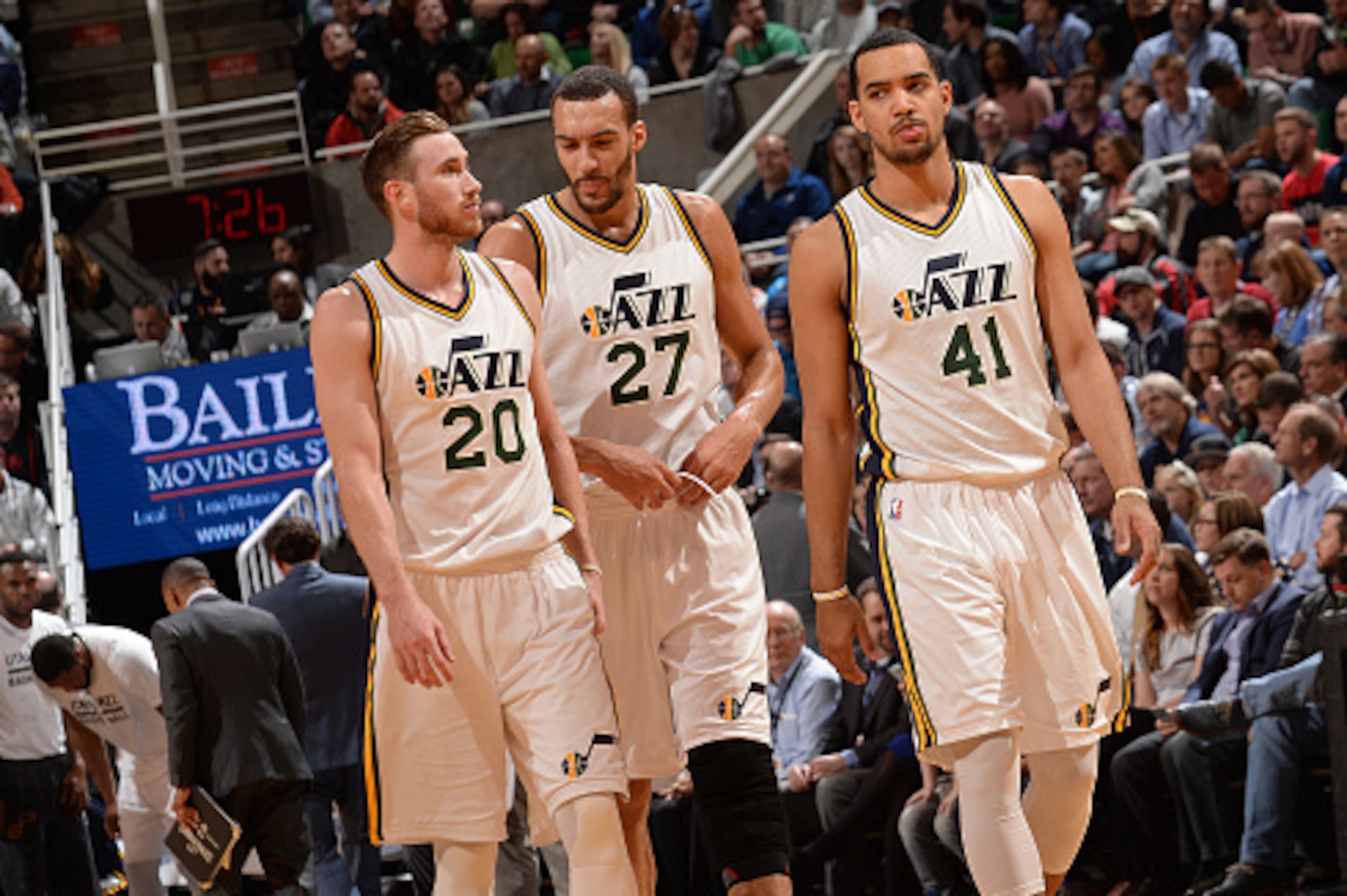 SALT LAKE CITY, UT - MARCH 30: Gordon Hayward #20, Rudy Gobert #27, and Trey Lyles #41 of the Utah Jazz chat during the game against the Golden State Warriors at Vivint Smart Home Arena on March 30, 2016 in Salt Lake City, Utah. NOTE TO USER: User express
