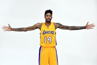 Sep 26, 2016; Los Angeles, CA, USA; Los Angeles Lakers  forward Brandon Ingram (14) poses at media day at Toyota Sports Center.. Mandatory Credit: Kirby Lee-USA TODAY Sports