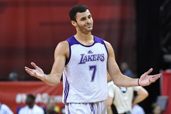 Jul 9, 2016; Las Vegas, NV, USA; Los Angeles Lakers forward Larry Nance Jr (7) reacts to a call during an NBA Summer League game against the Philadelphia 76ers at Thomas &vMack Center. Mandatory Credit: Stephen R. Sylvanie-USA TODAY Sports