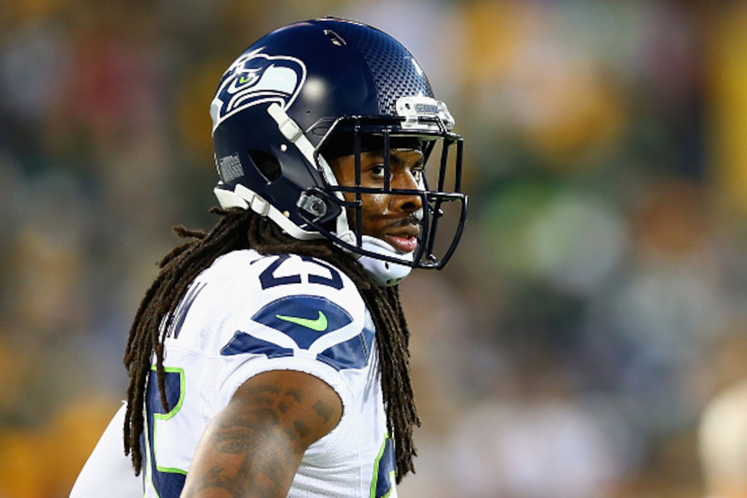 GREEN BAY, WI - SEPTEMBER 20:  Richard Sherman #25 of the Seattle Seahawks looks on during the game against the Green Bay Packers at Lambeau Field on September 20, 2015 in Green Bay, Wisconsin.  (Photo by Maddie Meyer/Getty Images)