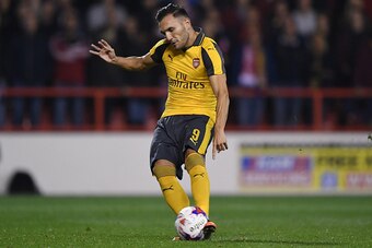 NOTTINGHAM, ENGLAND - SEPTEMBER 20:  Lucas Perez of Arsenal scores his sides second goal from the penalty spot during the EFL Cup Third Round match between Nottingham Forest and Arsenal at City Ground on September 20, 2016 in Nottingham, England.  (Photo 