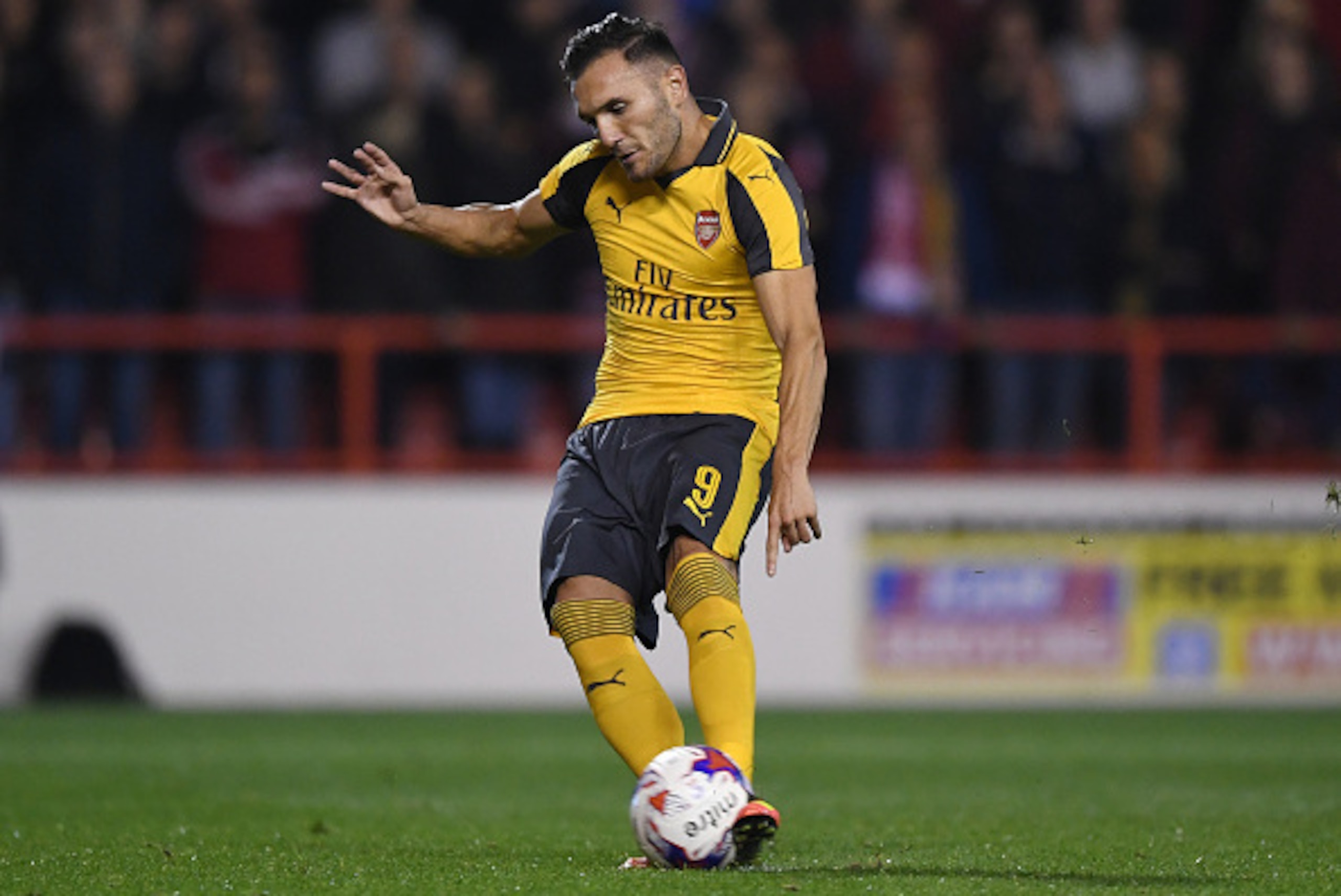 NOTTINGHAM, ENGLAND - SEPTEMBER 20:  Lucas Perez of Arsenal scores his sides second goal from the penalty spot during the EFL Cup Third Round match between Nottingham Forest and Arsenal at City Ground on September 20, 2016 in Nottingham, England.  (Photo 