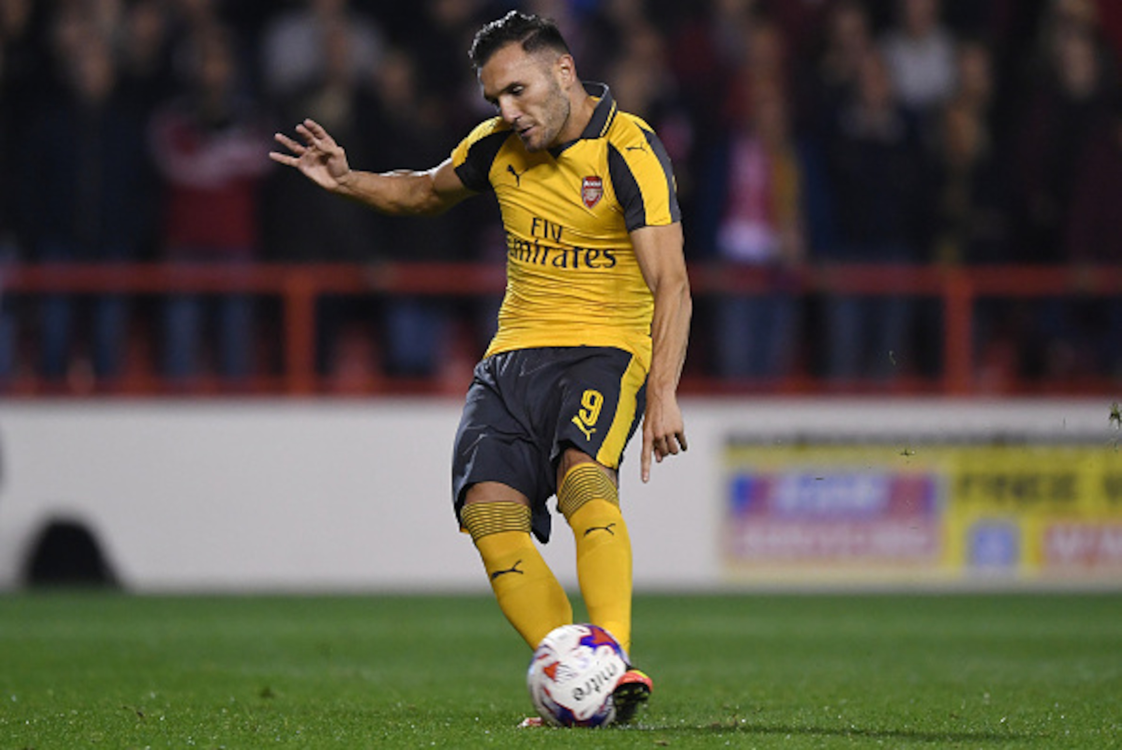 NOTTINGHAM, ENGLAND - SEPTEMBER 20:  Lucas Perez of Arsenal scores his sides second goal from the penalty spot during the EFL Cup Third Round match between Nottingham Forest and Arsenal at City Ground on September 20, 2016 in Nottingham, England.  (Photo 