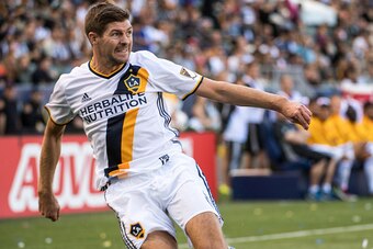 CARSON, CA - MAY 22: Steven Gerrard #8 of Los Angeles Galaxy crosses the ball during Los Angeles Galaxy's MLS match against San Jose Earthquakes at the StubHub Center on May 22, 2016 in Carson, California.  The match ended with a score of 1-1.  (Photo by 