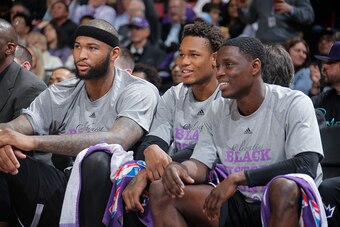 SACRAMENTO, CA - FEBRUARY 5: DeMarcus Cousins #15, Ben McLemore #23 and Darren Collison #7 of the Sacramento Kings look on against the Dallas Mavericks on February 5, 2015 at Sleep Train Arena in Sacramento, California. NOTE TO USER: User expressly acknow