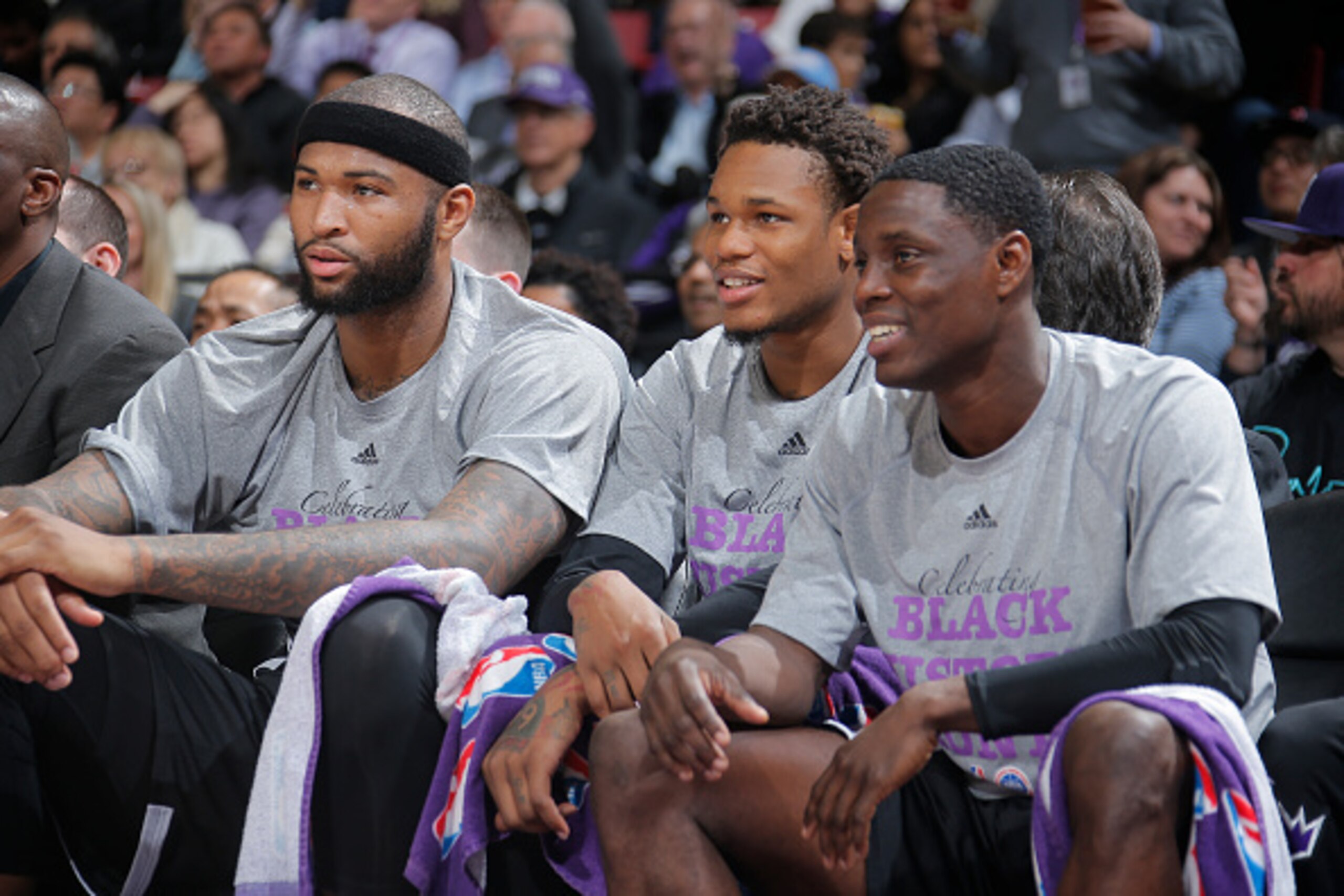 SACRAMENTO, CA - FEBRUARY 5: DeMarcus Cousins #15, Ben McLemore #23 and Darren Collison #7 of the Sacramento Kings look on against the Dallas Mavericks on February 5, 2015 at Sleep Train Arena in Sacramento, California. NOTE TO USER: User expressly acknow