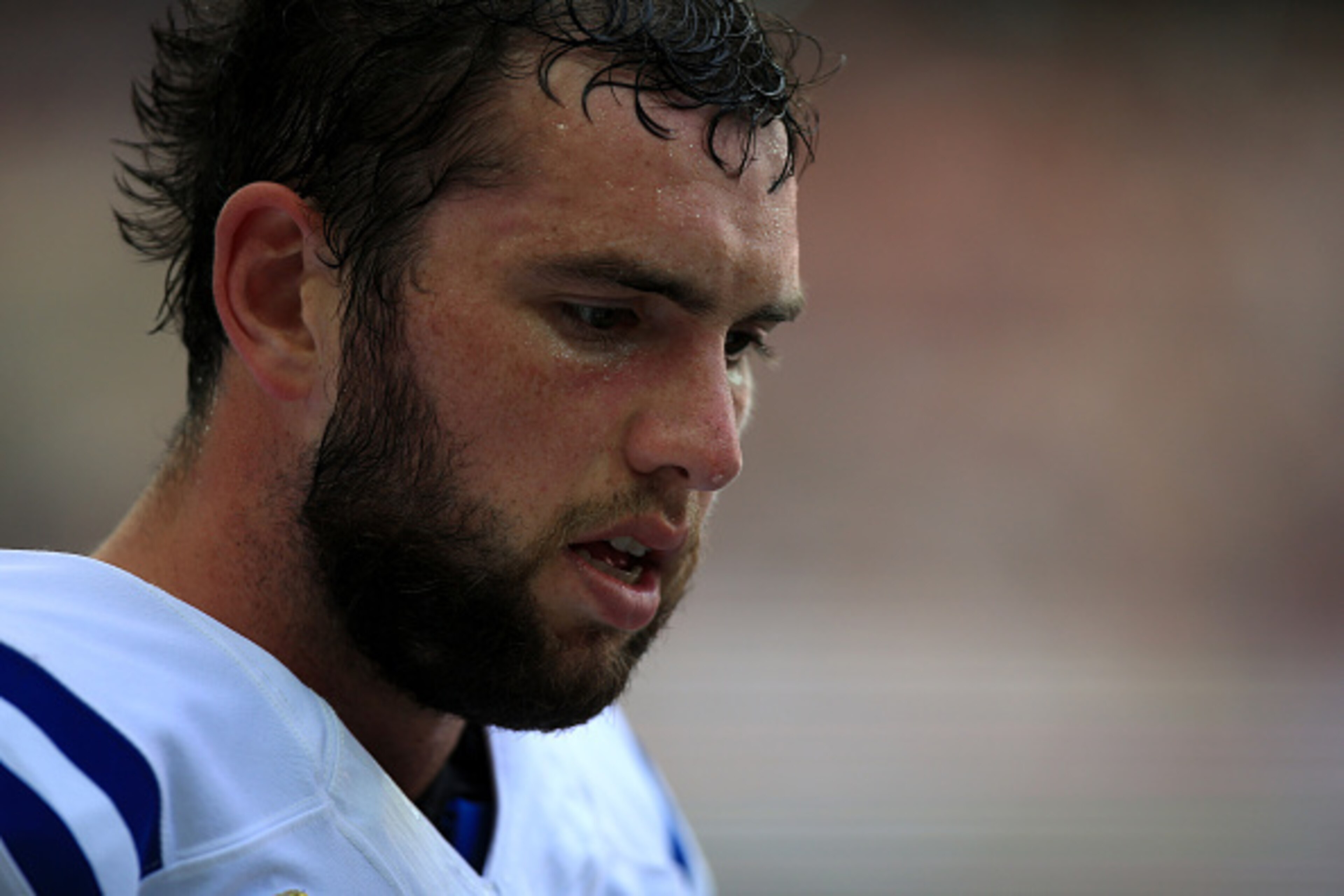 LONDON, ENGLAND - OCTOBER 02:  Andrew Luck of Indianapolis looks on during the NFL International Series match between Indianapolis Colts and Jacksonville Jaguars at Wembley Stadium on October 2, 2016 in London, England.  (Photo by Ben Hoskins/Getty Images