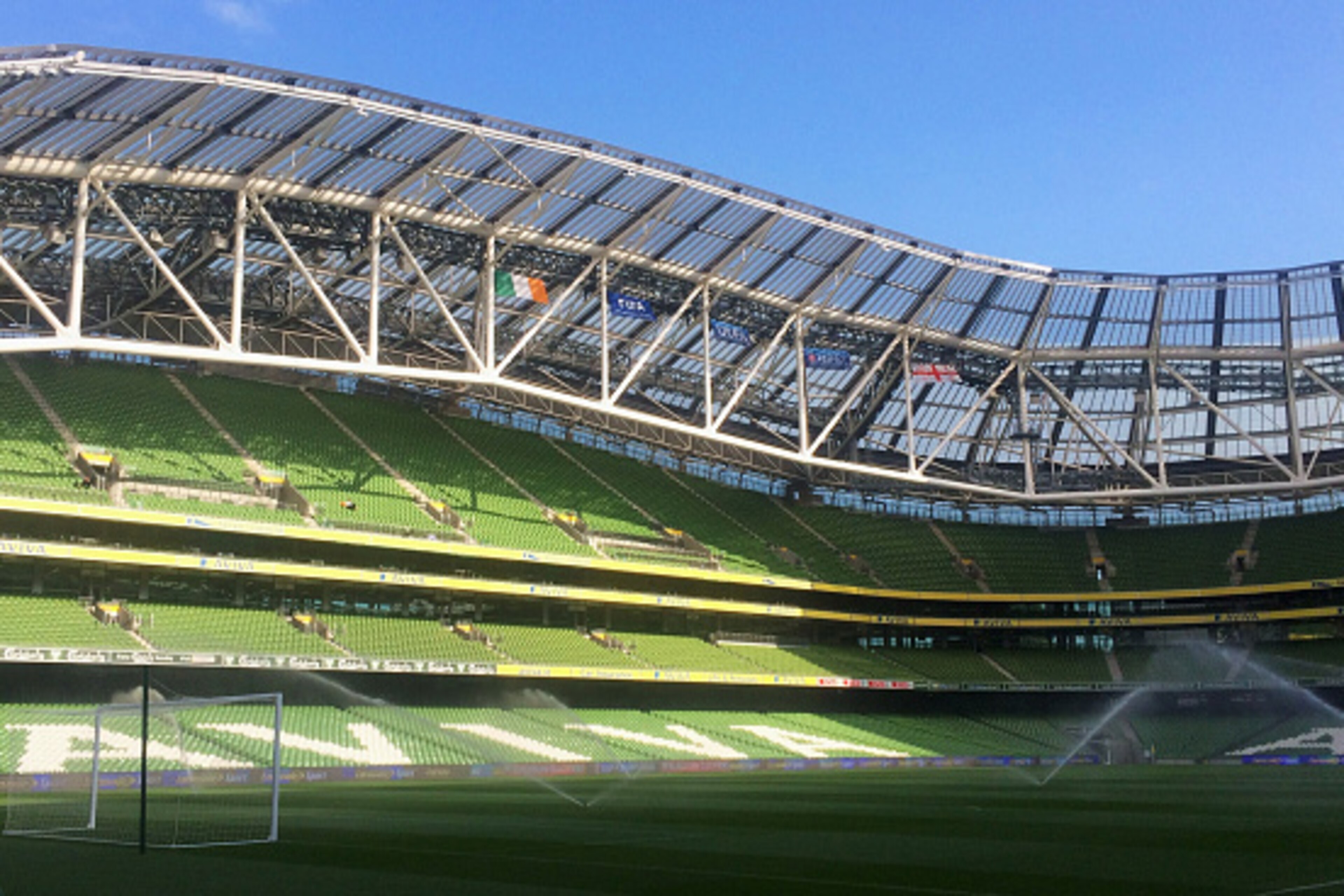 DUBLIN, IRELAND - SEPTEMBER 07:  Sprinklers water the pitch prior to the UEFA EURO 2016 Group D qualifying match between Republic of Ireland and Georgia at Aviva Stadium on September 7, 2015 in Dublin, Ireland.  (Photo by Ian Walton/Getty Images)