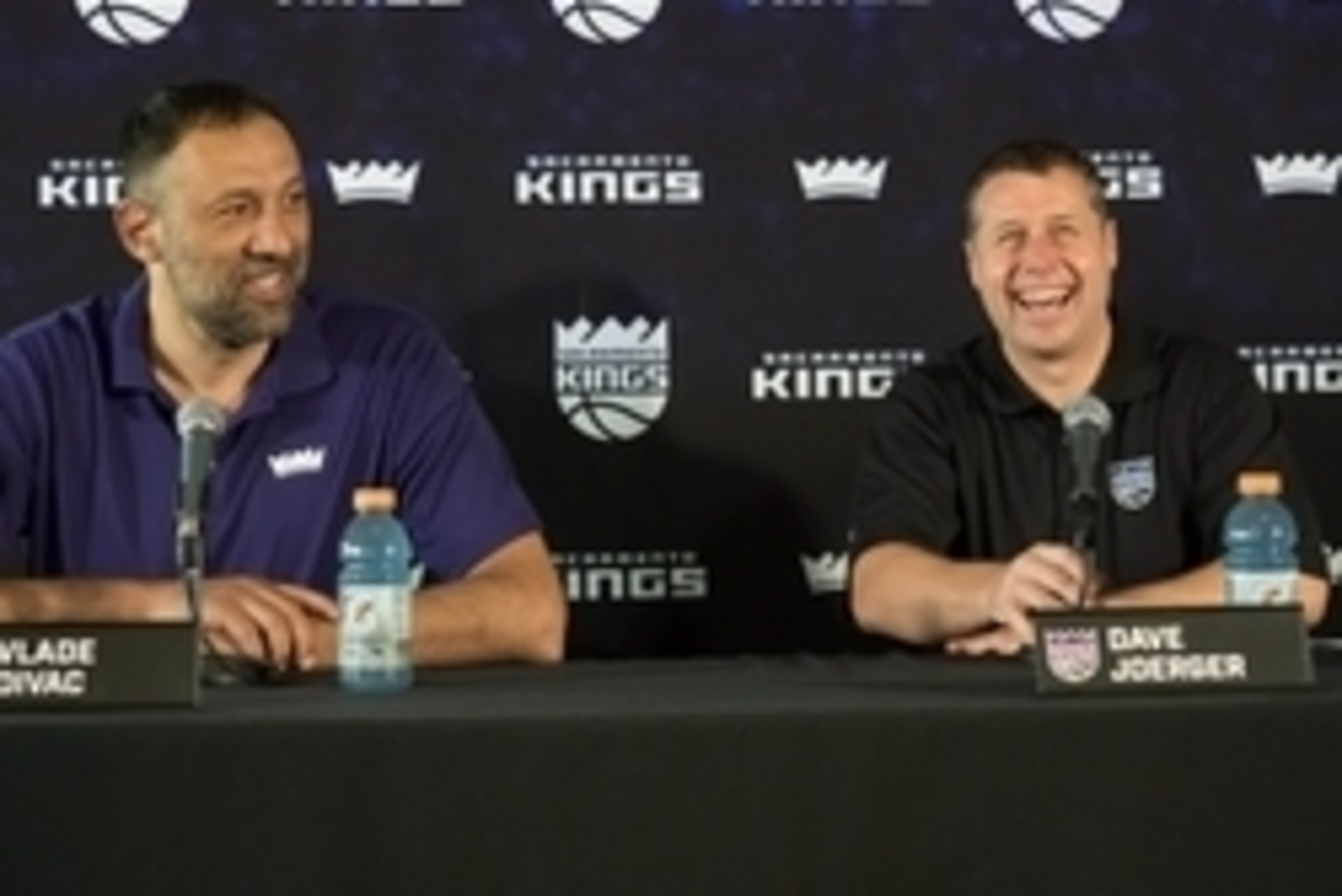 May 10, 2016; Sacramento, CA, USA; Sacramento Kings vice president of basketball operations and general manager Vlade Divac and head coach Dave Joerger share a laugh during a press conference at the Sacramento Kings XC (Experience Center). Mandatory Credi