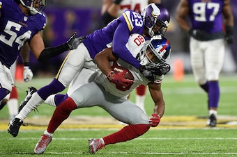 MINNEAPOLIS, MN - OCTOBER 3: Terence Newman #23 of the Minnesota Vikings tackles Victor Cruz #80 of the New York Giants in the first half of the game on October 3, 2016 at US Bank Stadium in Minneapolis, Minnesota. (Photo by Hannah Foslien/Getty Images)