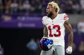 Oct 3, 2016; Minneapolis, MN, USA; New York Giants wide receiver Odell Beckham Jr. (13) argues a call during the second quarter against the Minnesota Vikings at U.S. Bank Stadium. Mandatory Credit: Brace Hemmelgarn-USA TODAY Sports