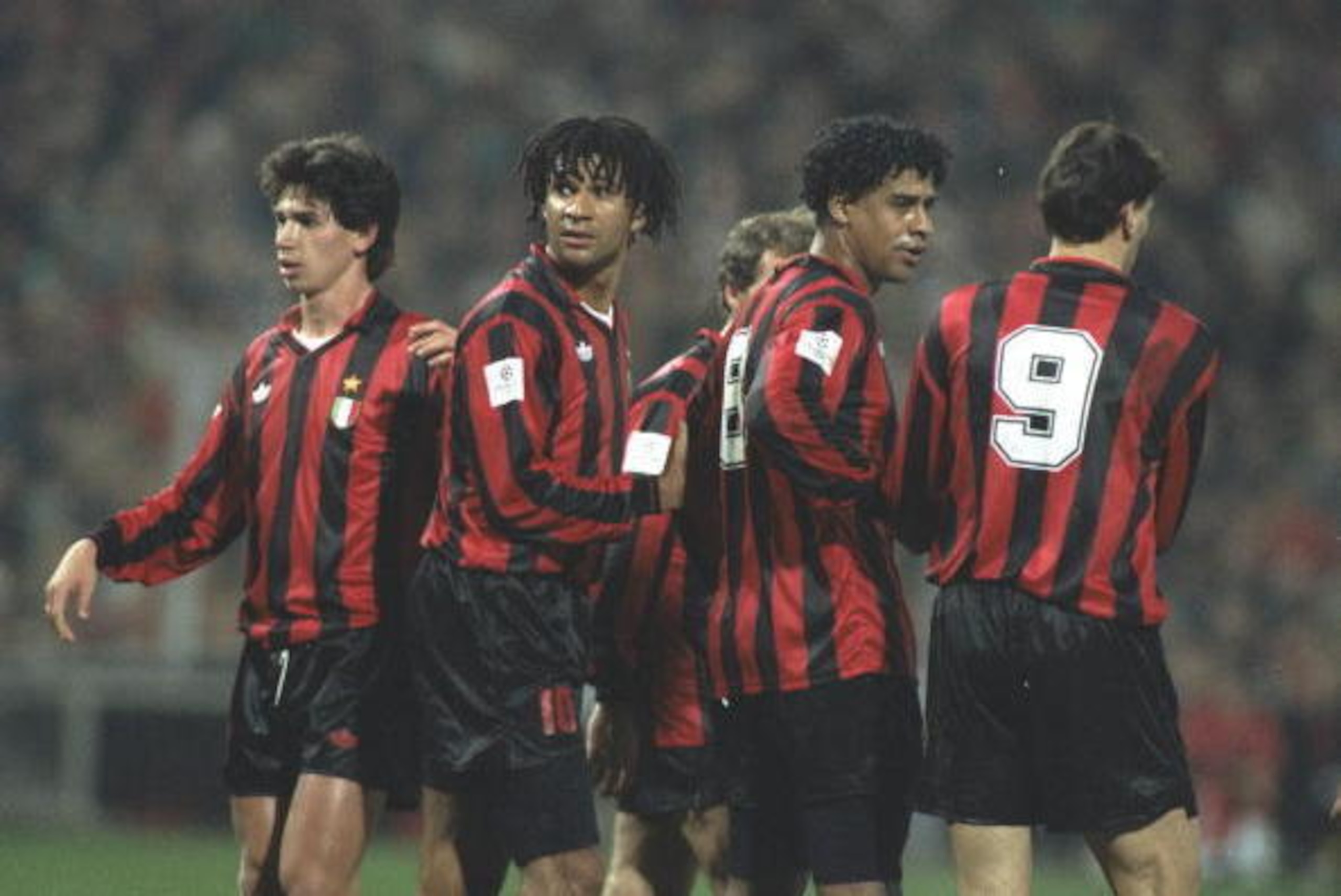 9 Dec 1992:   AC Milan Players Demetrio Albertini, Ruud Gullit, Frank Rijkaard and Marco Van Basten form a wall in the European Cup match  against PSV Eindhoven. AC Milan won the match 2-1. \ Mandatory Credit: Chris  Cole/Allsport