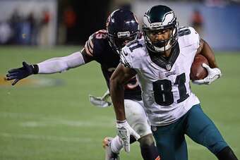 CHICAGO, IL - SEPTEMBER 19: Jordan Matthews #81 of the Philadelphia Eagles moves past Harold Jones-Quartey #29 of the Chicago Bears at Soldier Field on September 19, 2016 in Chicago, Illinois. The Eagels defeated the Bears 29-14. (Photo by Jonathan Daniel