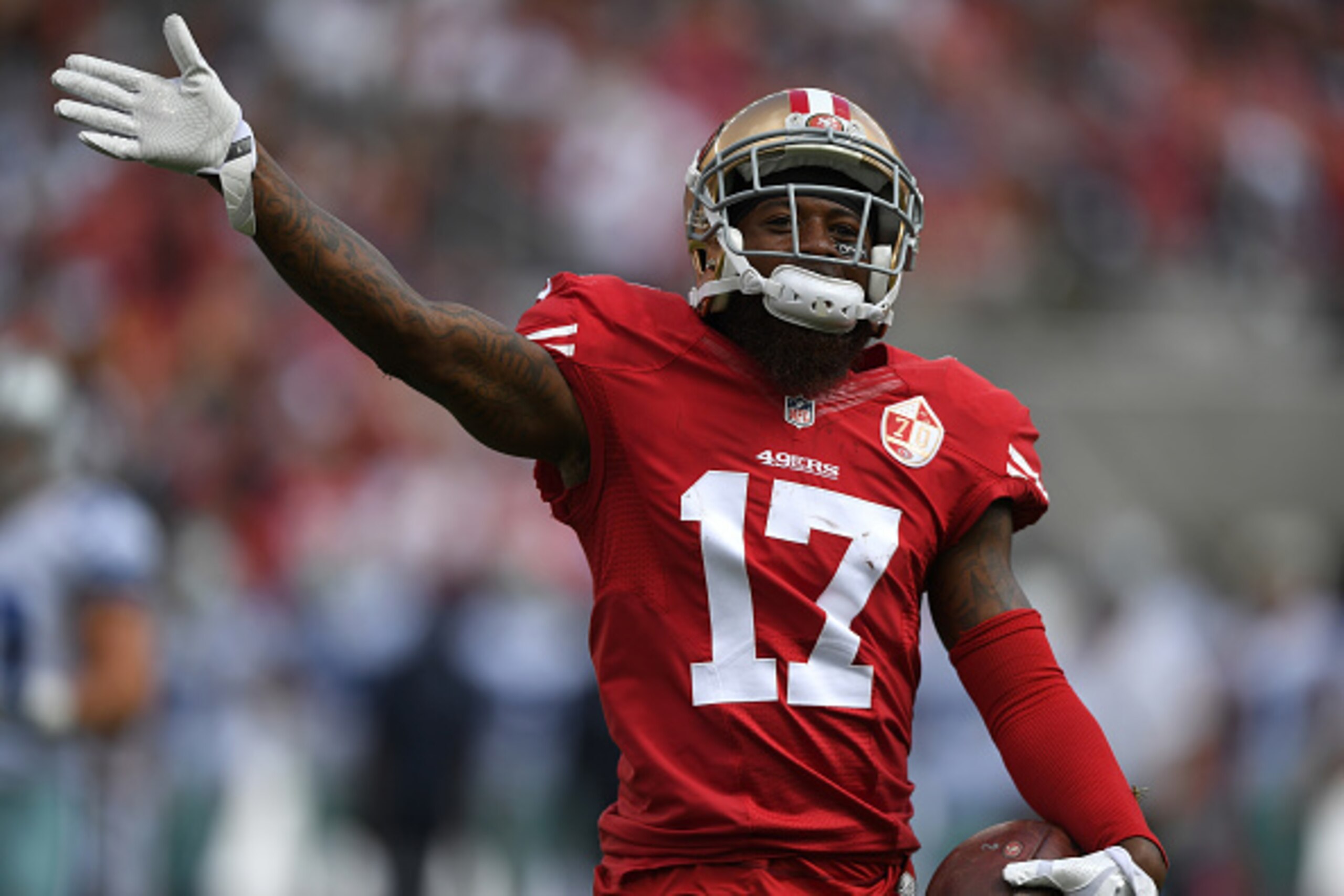 SANTA CLARA, CA - OCTOBER 02:   Jeremy Kerley #17 of the San Francisco 49ers celebrates after a first down against the Dallas Cowboys at Levi's Stadium on October 2, 2016 in Santa Clara, California. (Photo by Thearon W. Henderson/Getty Images)