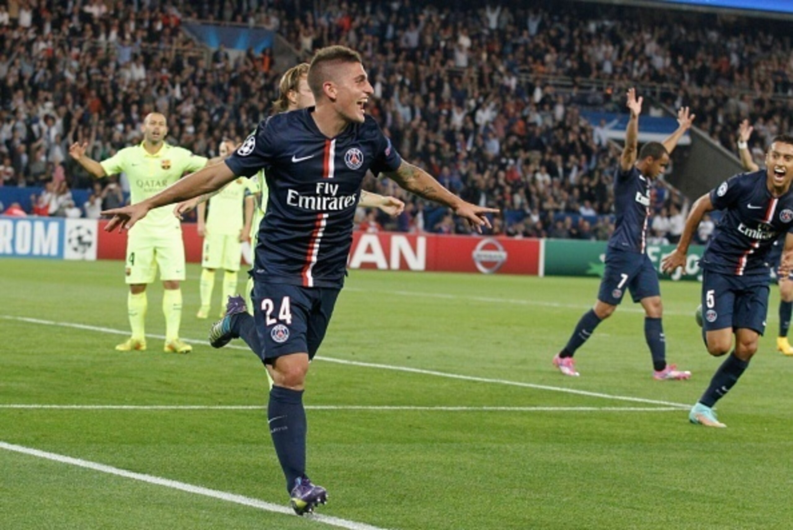 PARIS, FRANCE - SEPTEMBER 30: Marco Verratti of Paris Saint-Germain celebrate his goal during the UEFA Champions League between Paris Saint-Germain FC and FC Barcelona at Parc Des Princes on September 30, 2014 in Paris, France. (Photo by Xavier Laine/Ge PARIS, FRANCE - SEPTEMBER 30: Marco Verratti of Paris Saint-Germain celebrate his goal during the UEFA Champions League between Paris Saint-Germain FC and FC Barcelona at Parc Des Princes on September 30, 2014 in Paris, France. (Photo by Xavier Laine/Ge