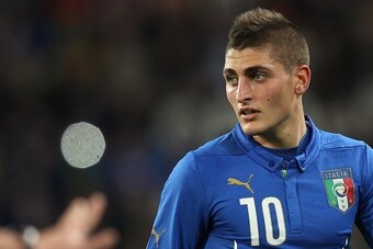 Italy's midfielder Marco Verratti looks on during the friendly football match Italy vs England on March 31, 2015 at the 'Juventus Stadium' in Turin.  AFP PHOTO / MARCO BERTORELLO        (Photo credit should read MARCO BERTORELLO/AFP/Getty Images)