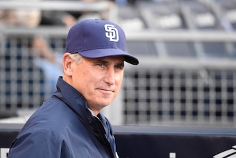 SAN DIEGO, CA - MAY 28: Bud Black #20 of the San Diego Padres sits in the dugout before a baseball game against the Pittsburgh Pirates at Petco Park May 28, 2015 in San Diego, California. (Photo by Denis Poroy/Getty Images)