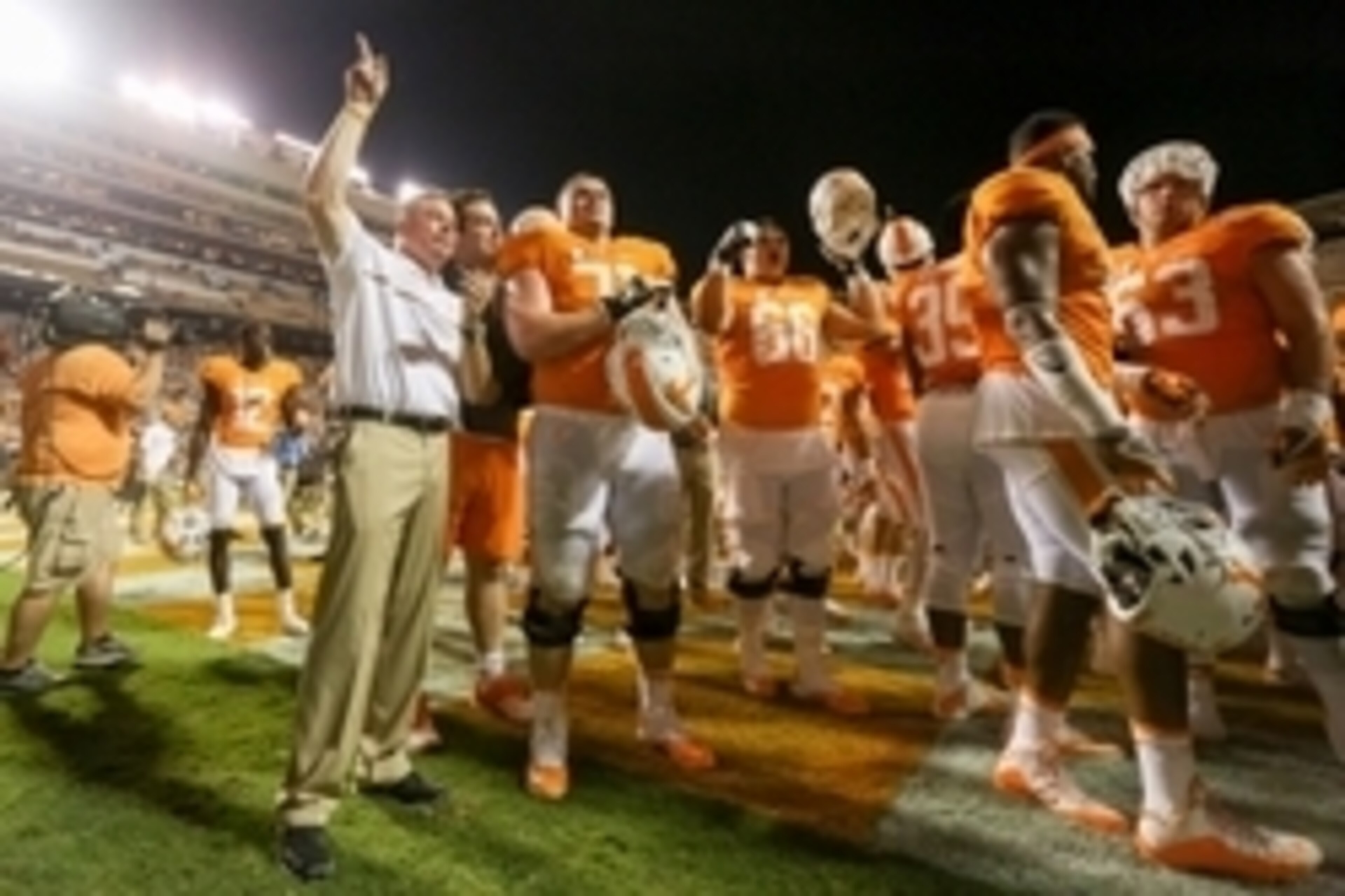 Sep 1, 2016; Knoxville, TN, USA; Tennessee Volunteers head coach Butch Jones celebrates with the team after winning in overtime against the Appalachian State Mountaineers at Neyland Stadium. Tennessee won 20-13. Mandatory Credit: Randy Sartin-USA TODAY Sp