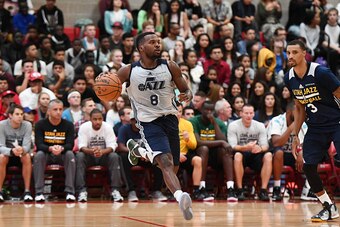 SALT LAKE CITY, UT - SEPTEMBER 30:  Shelvin Mack #8 of the Utah Jazz dribbles the ball during a scrimmage on September 30, 2016 at the Granger High School in Salt Lake City, Utah. NOTE TO USER: User expressly acknowledges and agrees that, by downloading a