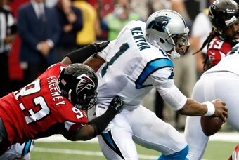 Oct 2, 2016; Atlanta, GA, USA; Atlanta Falcons defensive end Dwight Freeney (93) sacks Carolina Panthers quarterback Cam Newton (1) in the second quarter of their game at the Georgia Dome. Mandatory Credit: Jason Getz-USA TODAY Sports