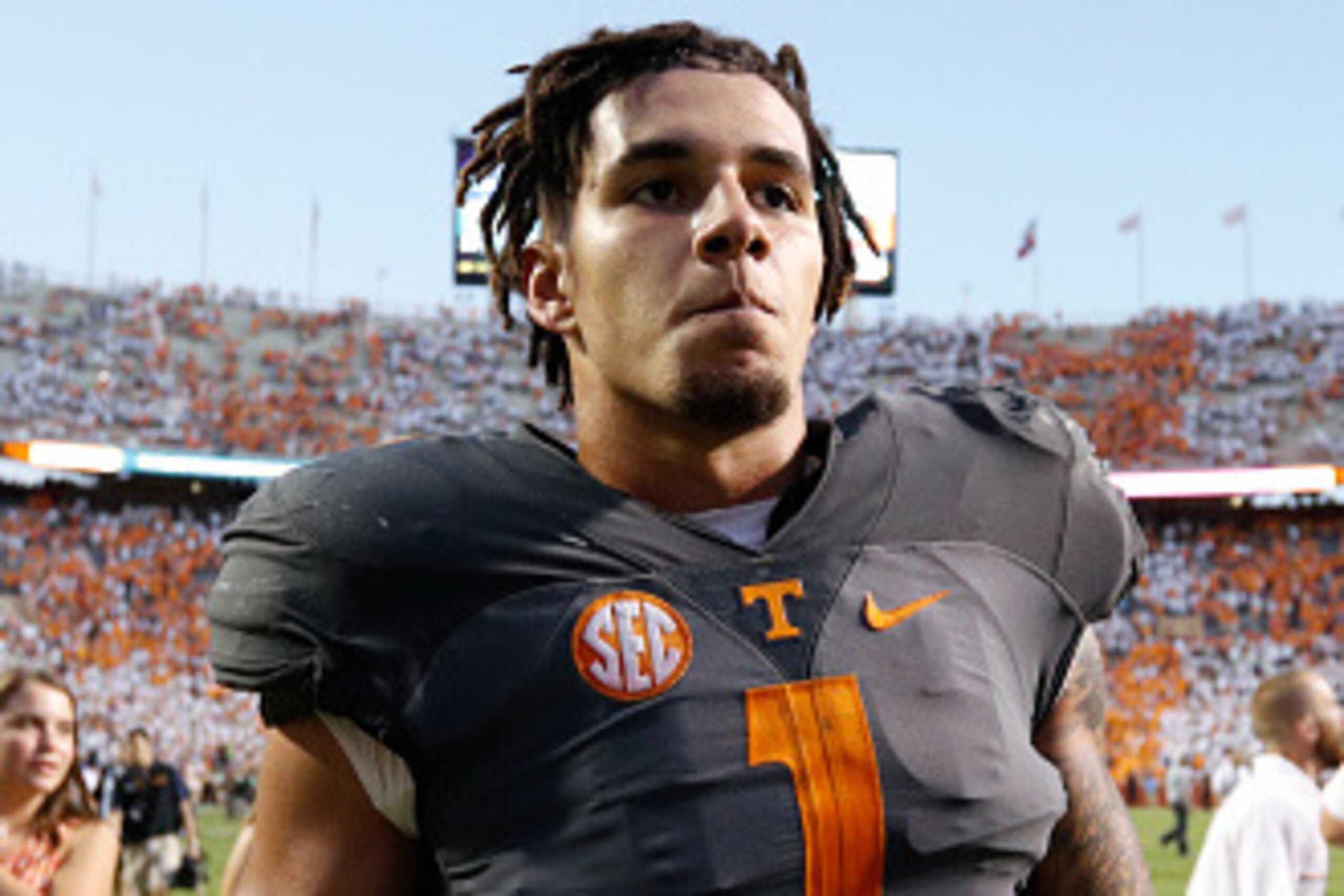 KNOXVILLE, TN - SEPTEMBER 24: Jalen Hurd #1 of the Tennessee Volunteers looks on after the game against the Florida Gators at Neyland Stadium on September 24, 2016 in Knoxville, Tennessee. Tennessee defeated Florida 38-28. (Photo by Joe Robbins/Getty Imag
