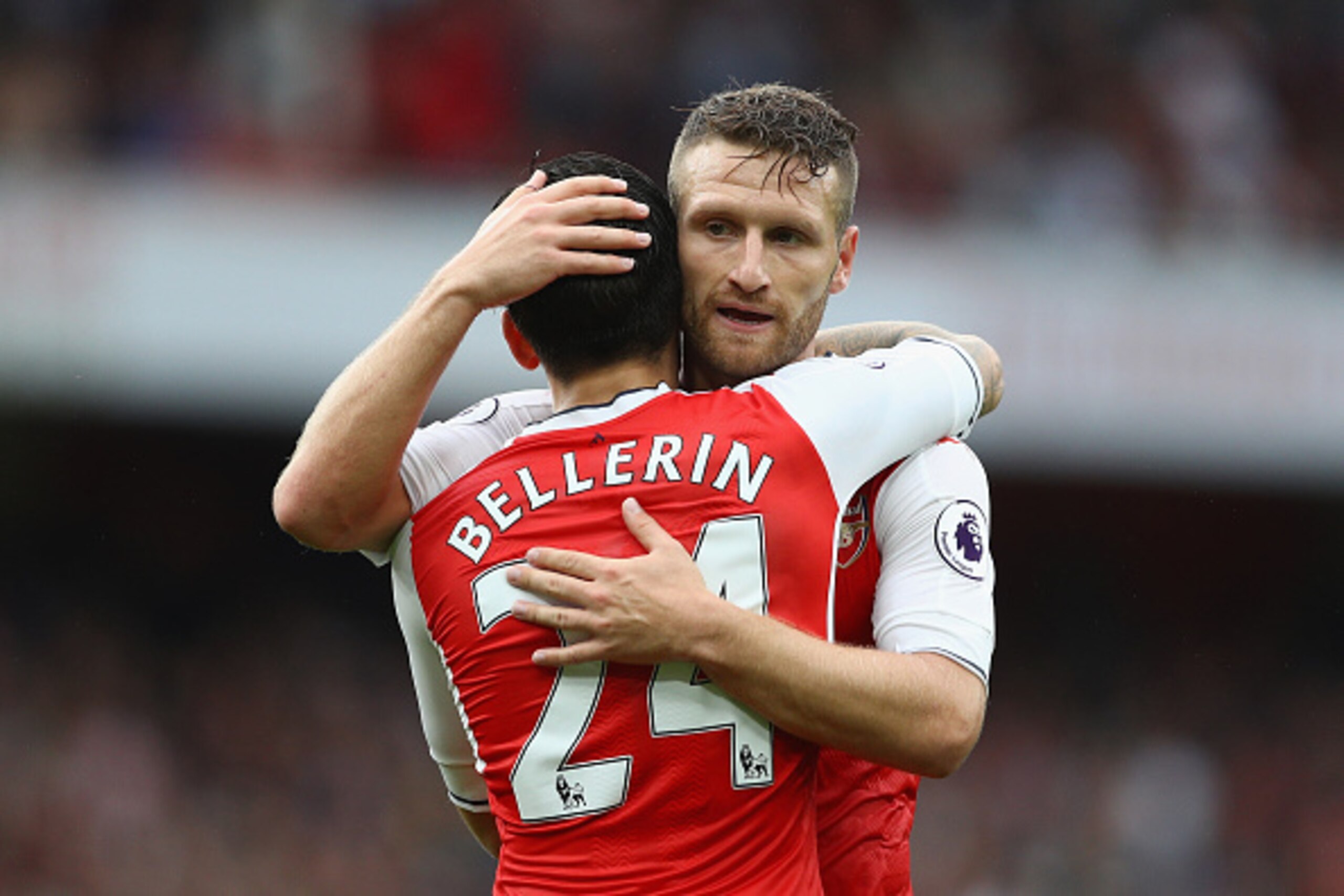 LONDON, ENGLAND - SEPTEMBER 10: Hector Bellerin of Arsenal and Shkodran Mustafi of Arsenal embrace after the match during the Premier League match between Arsenal and Southampton at Emirates Stadium on September 10, 2016 in London, England.  (Photo by Pau