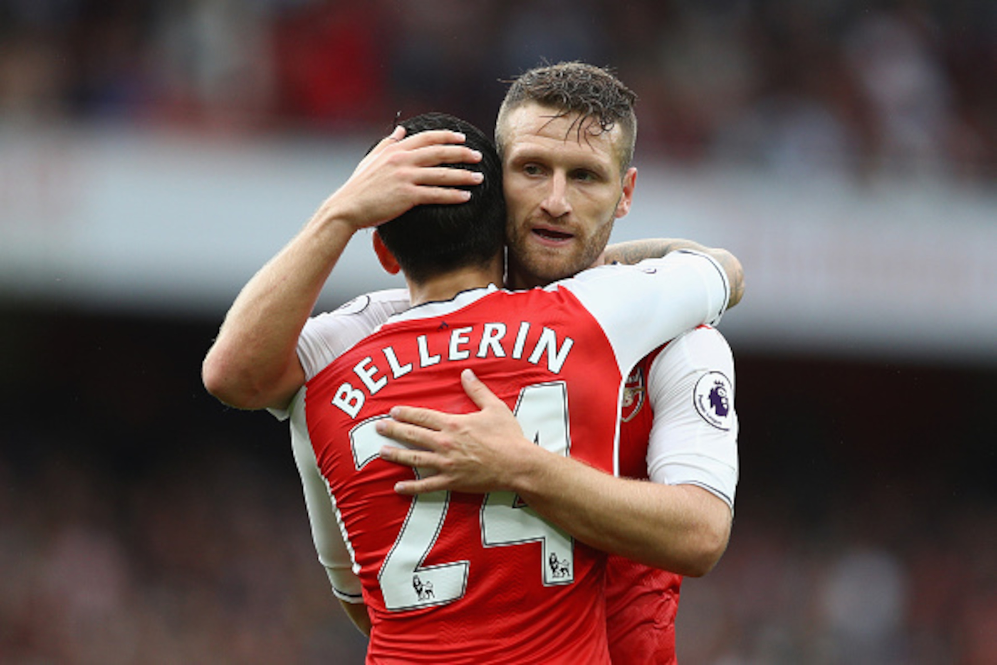 LONDON, ENGLAND - SEPTEMBER 10: Hector Bellerin of Arsenal and Shkodran Mustafi of Arsenal embrace after the match during the Premier League match between Arsenal and Southampton at Emirates Stadium on September 10, 2016 in London, England.  (Photo by Pau