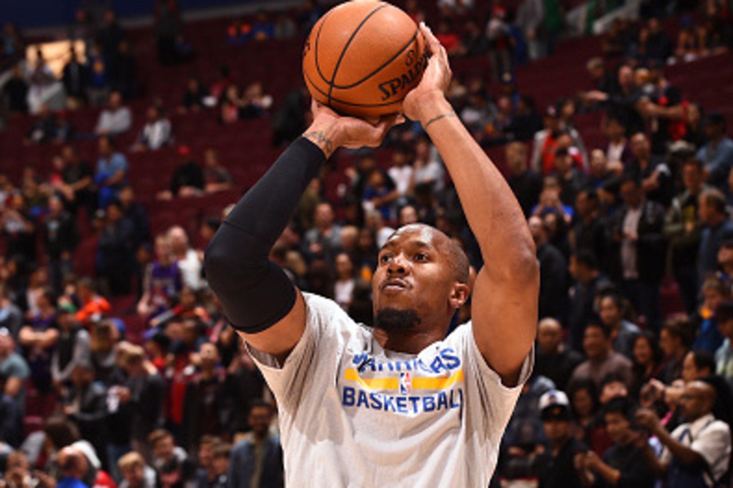 VANCOUVER, BC - OCTOBER 1:  David West #3 of the Golden State Warriors warms up before the game against the Toronto Raptors during a preseason game on October 1, 2016 at Rogers Arena in Vancouver, British Columbia, Canada. NOTE TO USER: User expressly ack