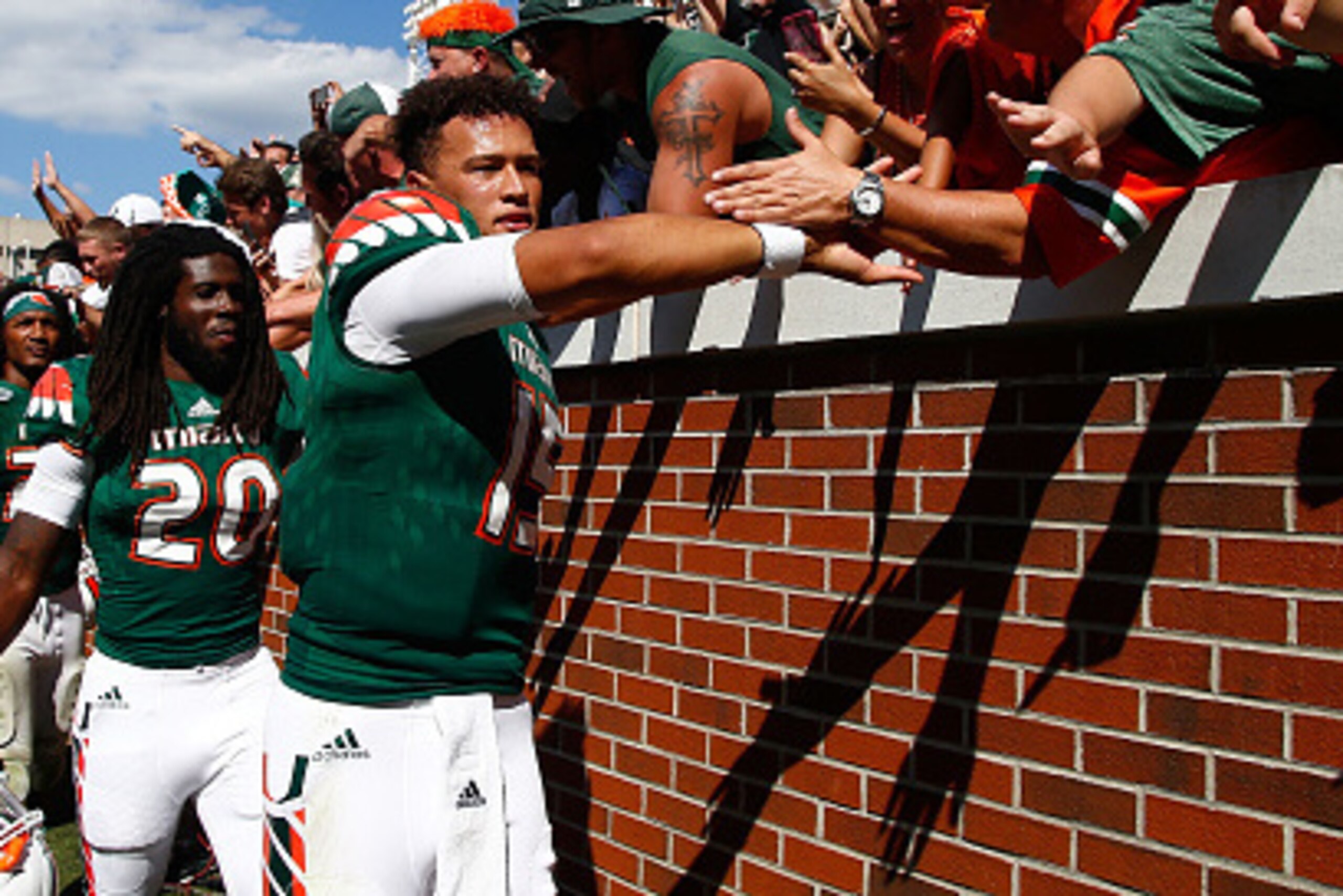 ATLANTA, GA - OCTOBER 01: Brad Kaaya #15 of the Miami Hurricanes celebrates with fans after beating the Georgia Tech Yellow Jackets at Bobby Dodd Stadium on October 1, 2016 in Atlanta, Georgia. Miami won 35-21. (Photo by Daniel Shirey/Getty Images)