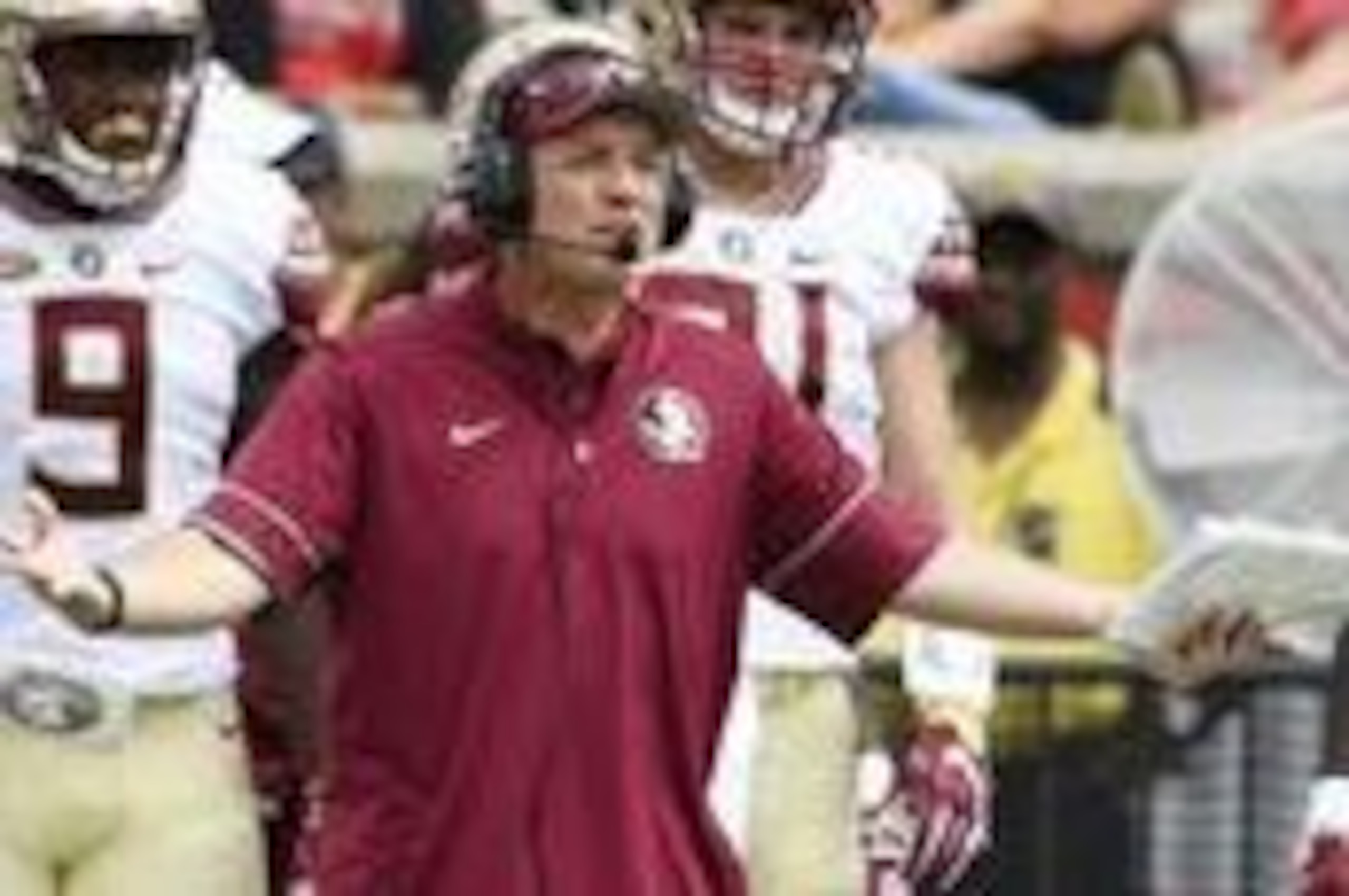 Sep 17, 2016; Louisville, KY, USA;  Florida State Seminoles head coach Jimbo Fisher reacts during the second half against the Louisville Cardinals at Papa John's Cardinal Stadium. Louisville defeated Florida State 63-20.  Mandatory Credit: Jamie Rhodes-US
