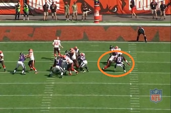 Cleveland Browns fullback Malcolm Johnson blocks Baltimore Ravens safety Eric Weddle.