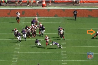 Cleveland Browns fullback Malcolm Johnson continues to block Baltimore Ravens safety Eric Weddle.
