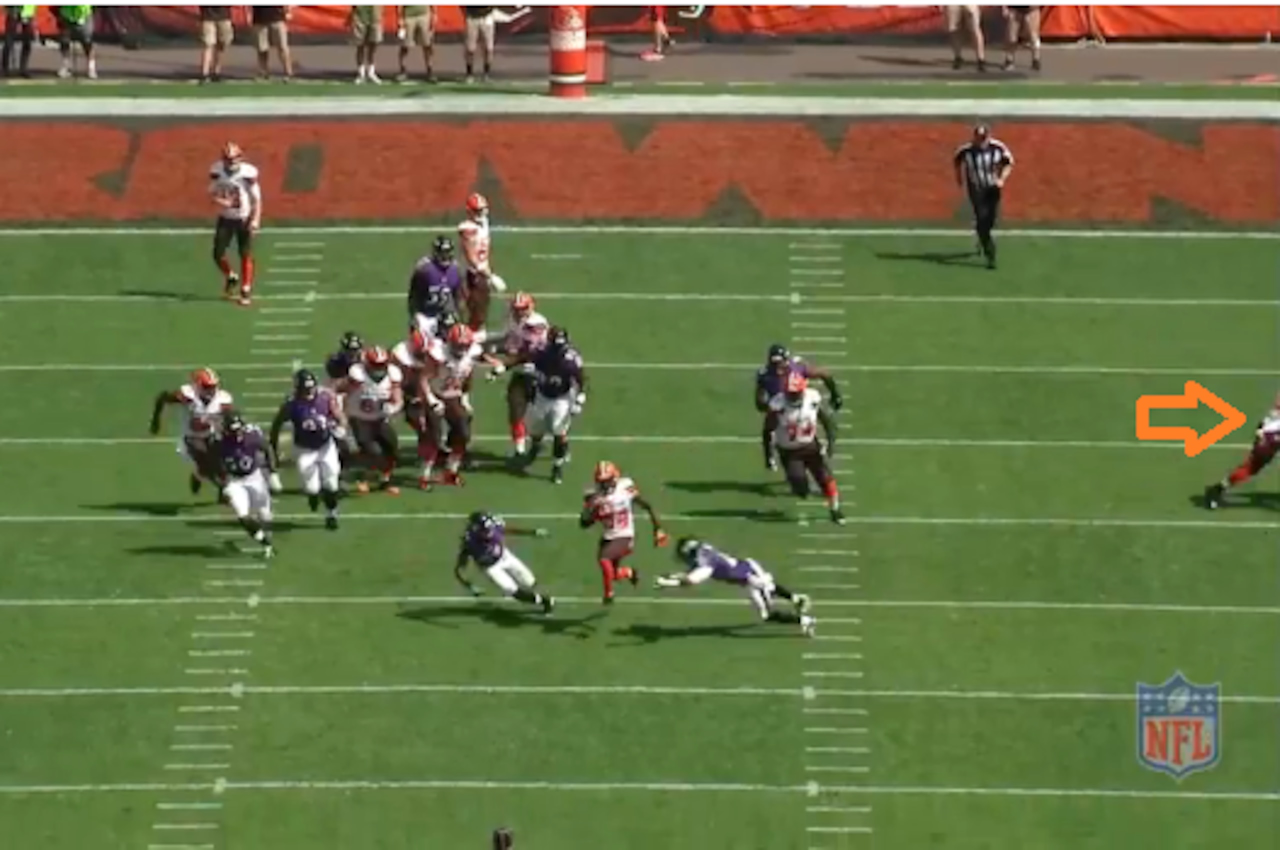 Cleveland Browns fullback Malcolm Johnson continues to block Baltimore Ravens safety Eric Weddle.