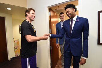EL SEGUNDO, CA - JULY 5: Brandon Ingram #14 of the Los Angeles Lakers and Head Coach Luke Walton shake hands before a press conference to introduce Los Angeles Lakers draft picks Brandon Ingram and Ivica Zubac on July 5, 2016 at Toyota Sports Center in El