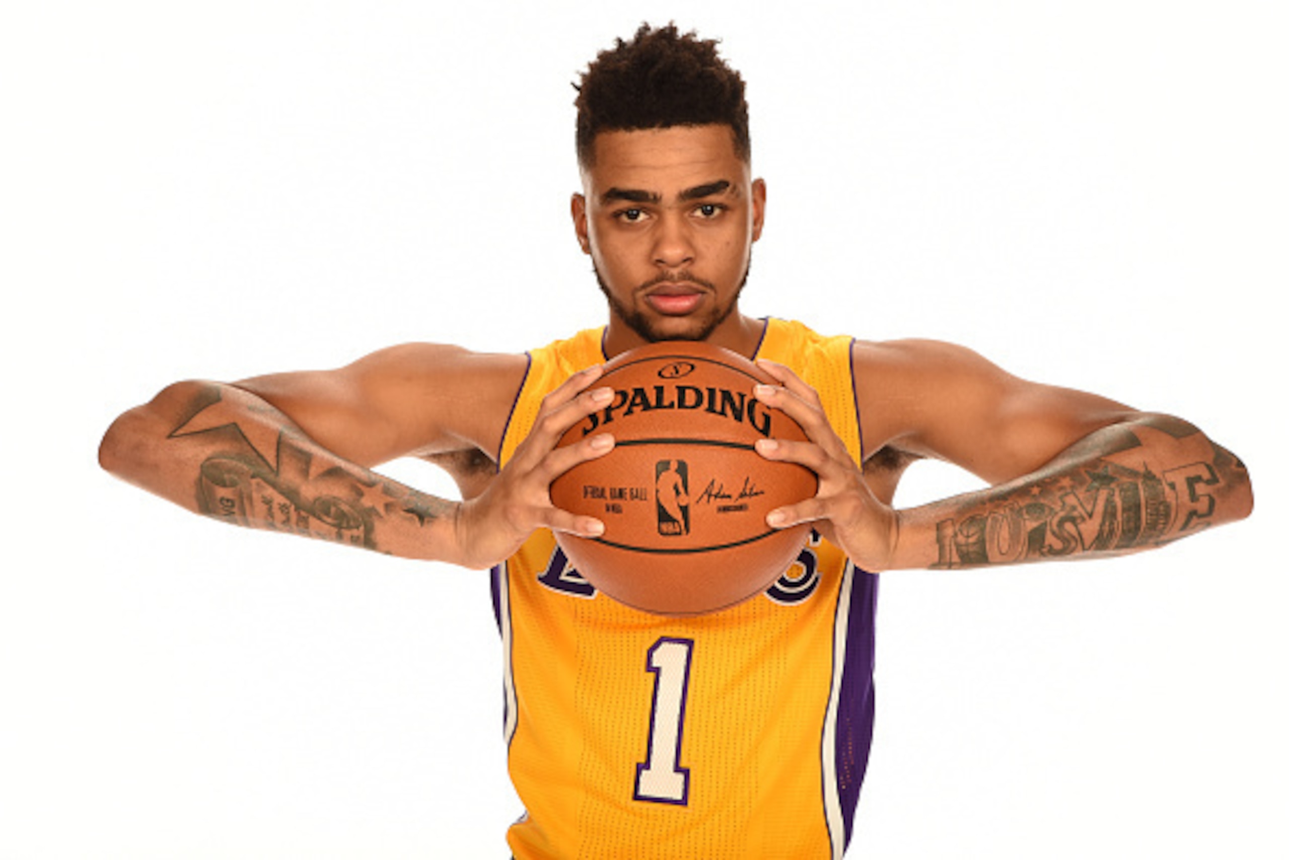 EL SEGUNDO, CA - SEPTEMBER 26:  D'Angelo Russell #1 of the Los Angeles Lakers poses for a portrait during the 2016-2017 Los Angeles Lakers Media Day at Toyota Sports Center on September 26, 2016 in El Segundo, California.  NOTE TO USER: User expressly ack