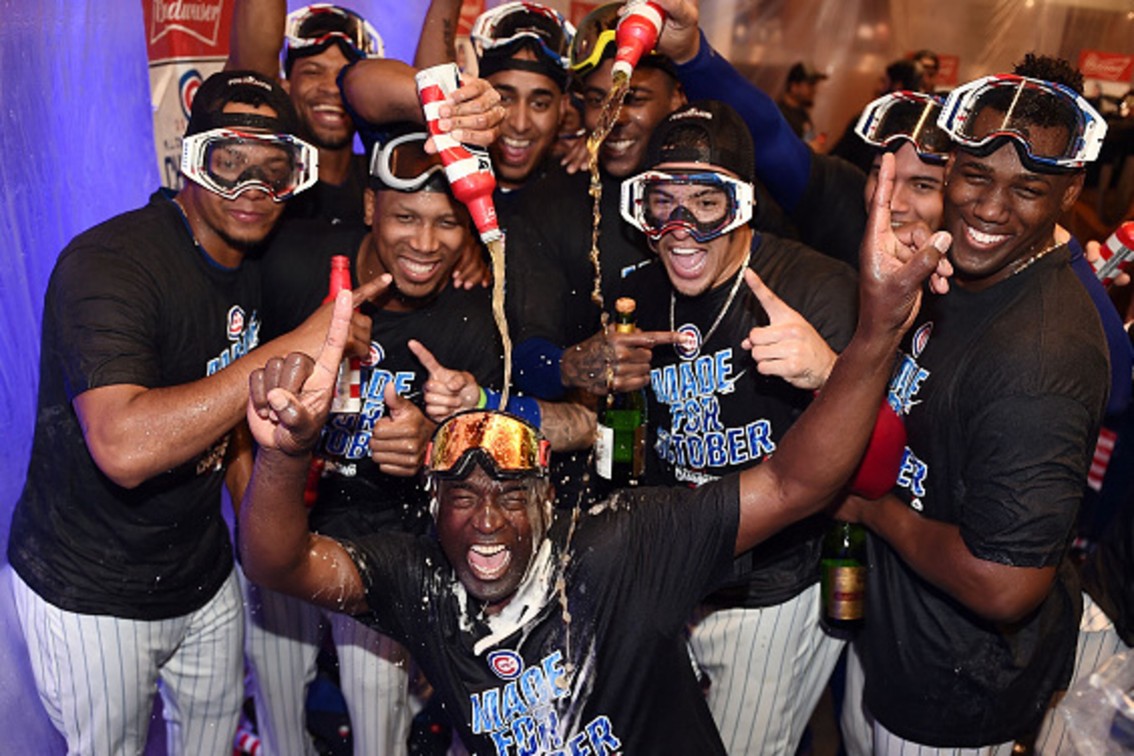 CHICAGO, IL - SEPTEMBER 16: Members of the Chicago Cubs celebrate in the locker room following a victory over the Milwaukee Brewers at Wrigley Field on September 16, 2016 in Chicago, Illinois. The Cubs clinched the NL Central Division. (Photo by Stacy R CHICAGO, IL - SEPTEMBER 16: Members of the Chicago Cubs celebrate in the locker room following a victory over the Milwaukee Brewers at Wrigley Field on September 16, 2016 in Chicago, Illinois. The Cubs clinched the NL Central Division. (Photo by Stacy R